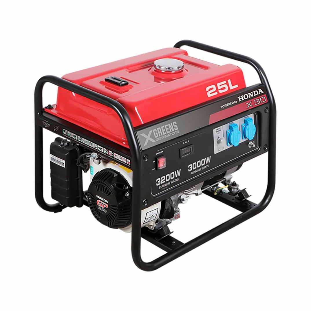 Generador de corriente (gasolina) X30 (máx. 3.000W, depósito 25 l, AVR, Powered by Honda, alerta aceite, monofásico, 2 tomas 230V, protección térmica y panel digital)