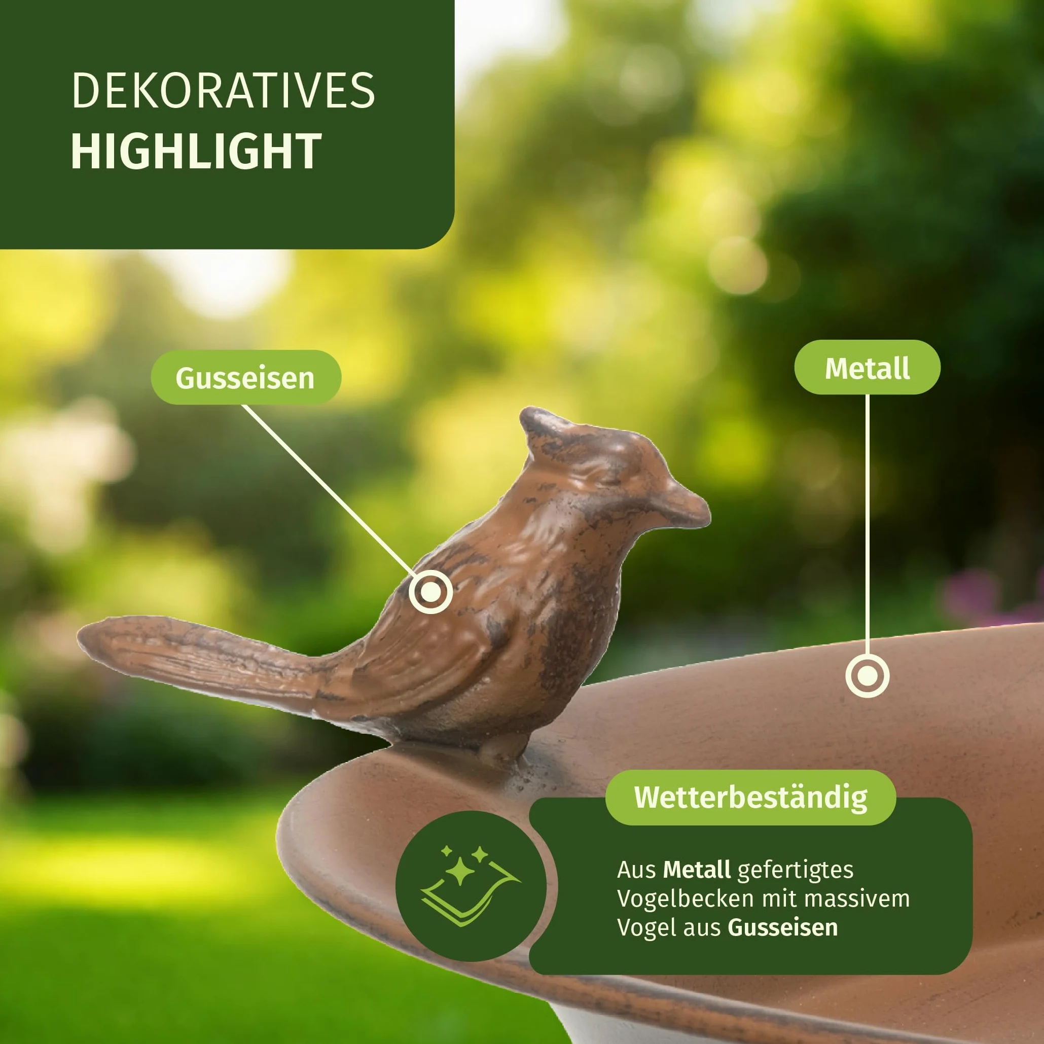Moritz Bebedero para pájaros, color marrón con pájaro pequeño en el cuenco de agua, altura 73 cm, de pie, bebebedero de agua, decorado, jardín a prueba de heladas