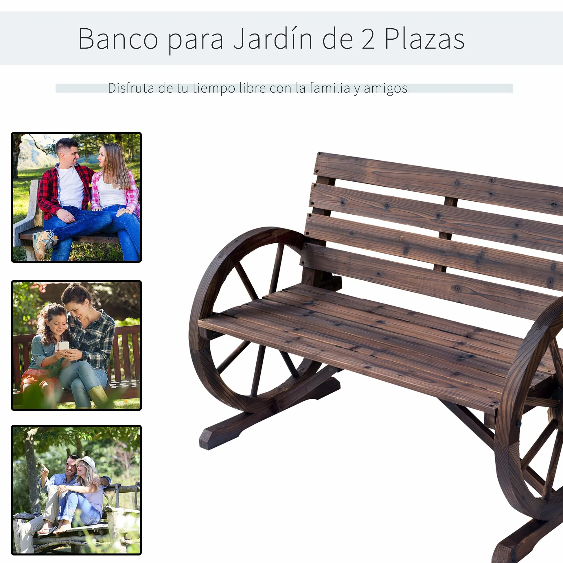 Outsunny Banco de Jardín de Madera 2 Plazas 250 kg 105,5x59x75 cm Carbonizado