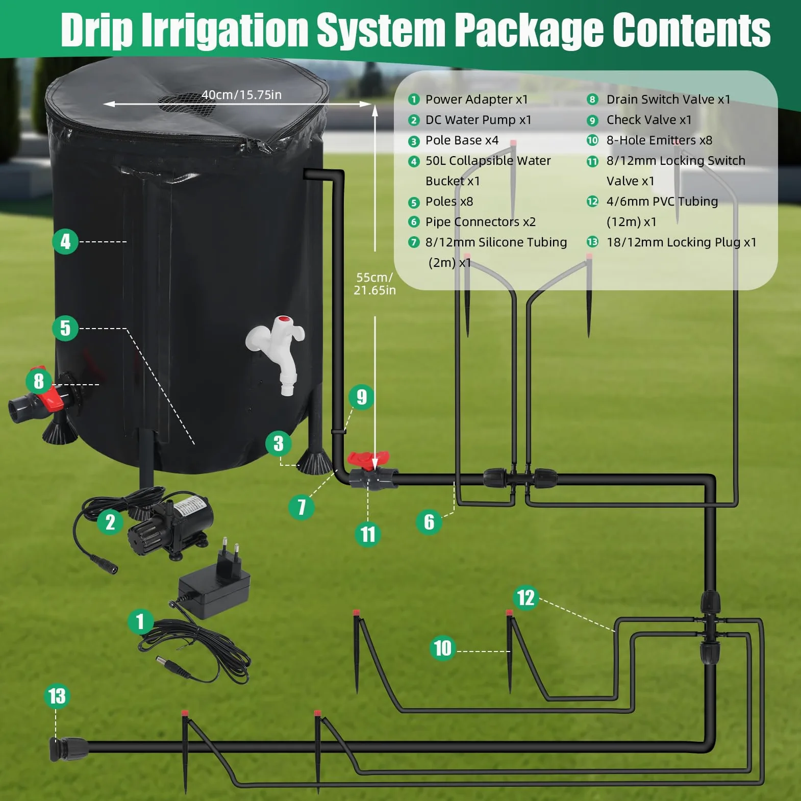 Sistema de riego automático, riego automático de 50 l, bomba de agua de 25 W y sensor de agua baja y 8 boquillas de goteo, sistema de riego de jardín para interiores, césped, invernadero, patio
