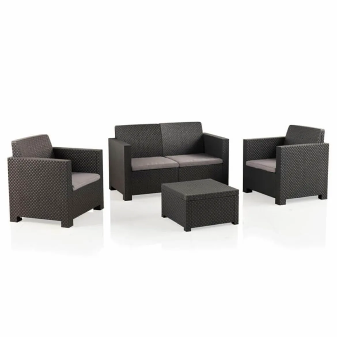 SP Berner SHAF - Conjunto Jardín Exterior y Terraza - Sofá de 2 plazas, 2 Sillones, Mesa Baja y Cojines Asiento - Plástico Reciclado - Set EVO Confort - Grafito
