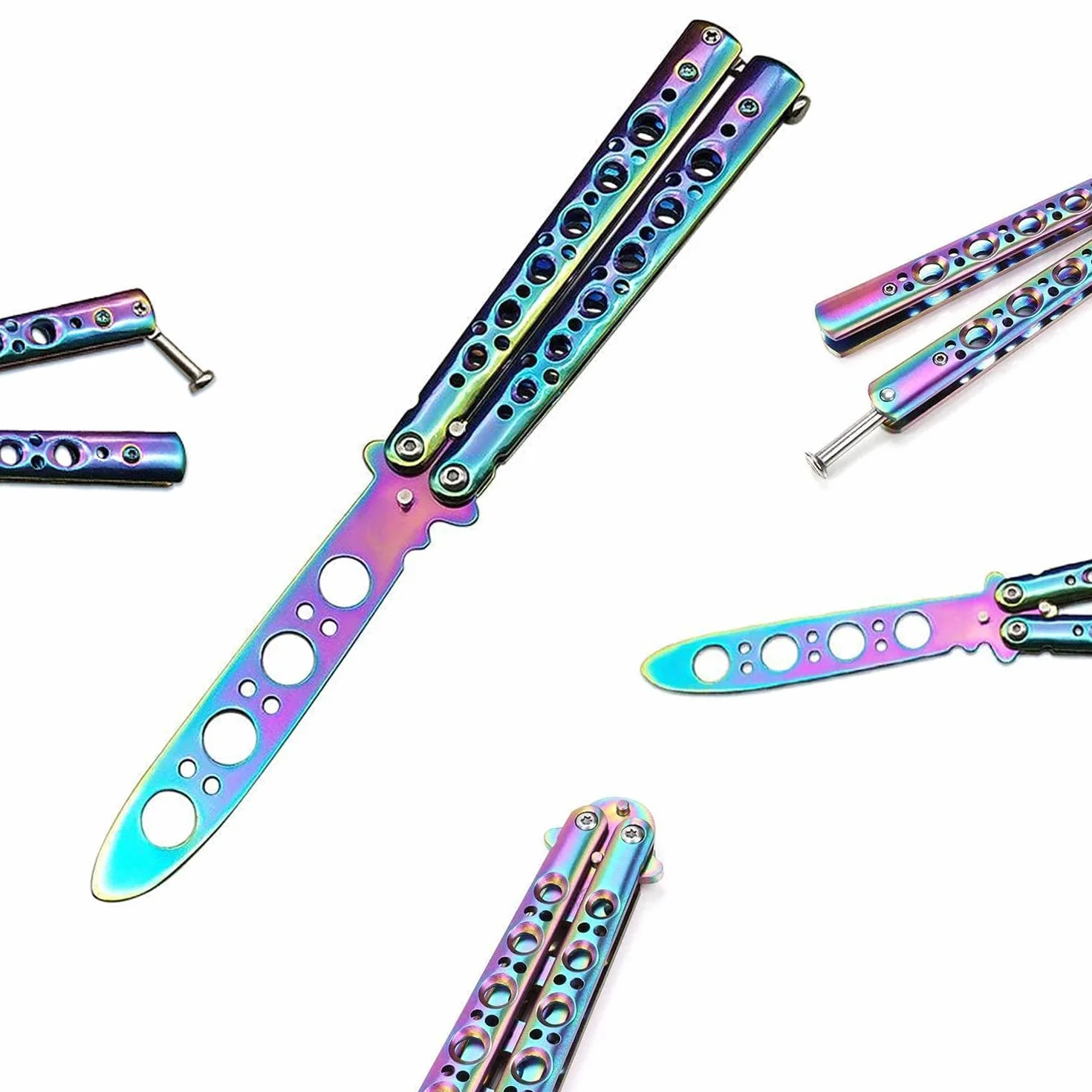 Navaja Mariposa Arcoíris de Entrenamiento, Metal Desafilado, Plegable Sin Afilar