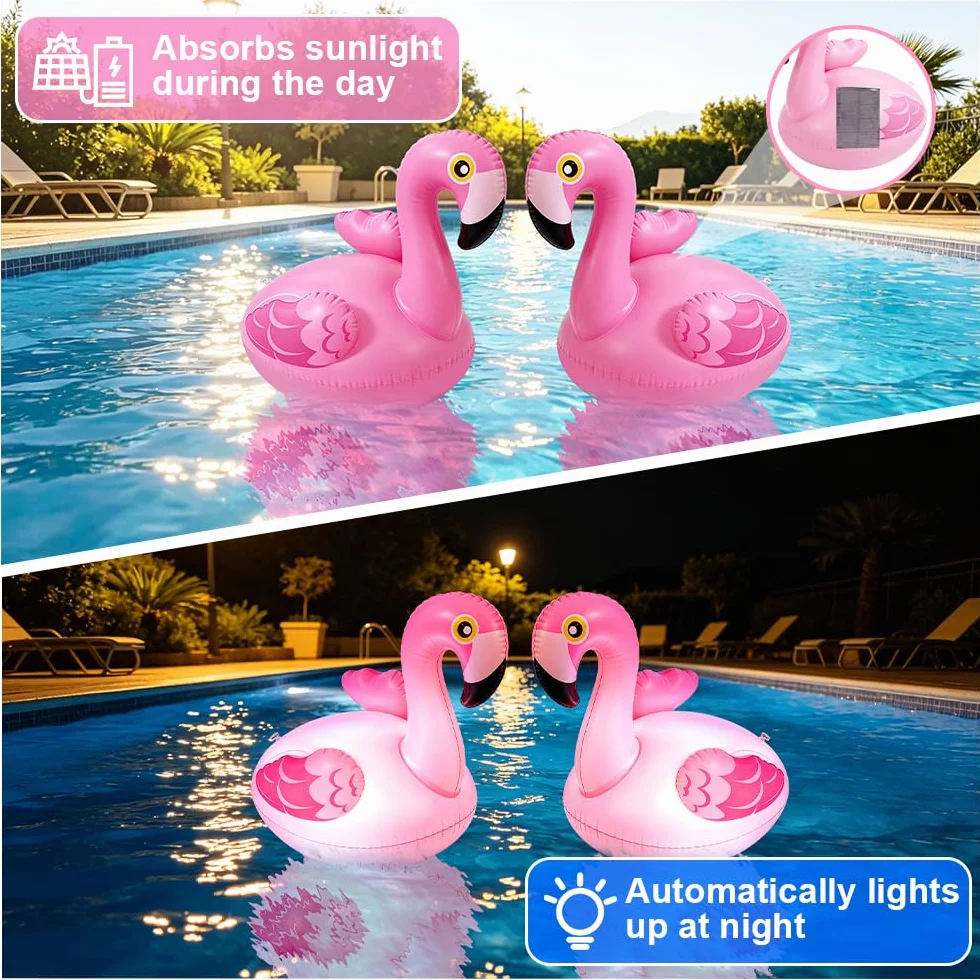 2 luces solares flotantes para piscina, flamencos, flotantes, IP68, resistentes al agua, para piscina, estanque, jardín, césped