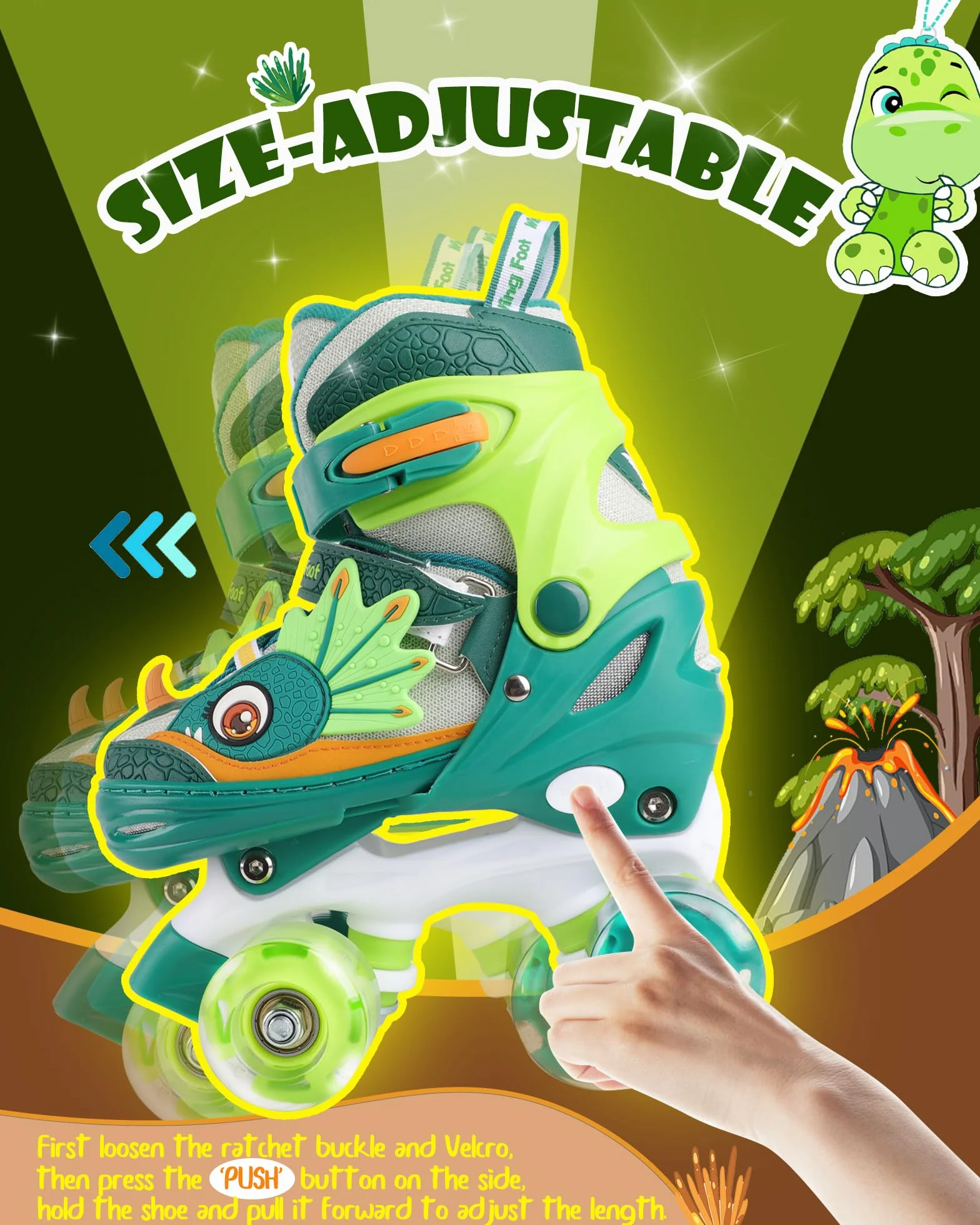 Patines para Niños Ajustables 4 Ruedas con Ruedas Luminosas Dinosaurio Quad Principiantes