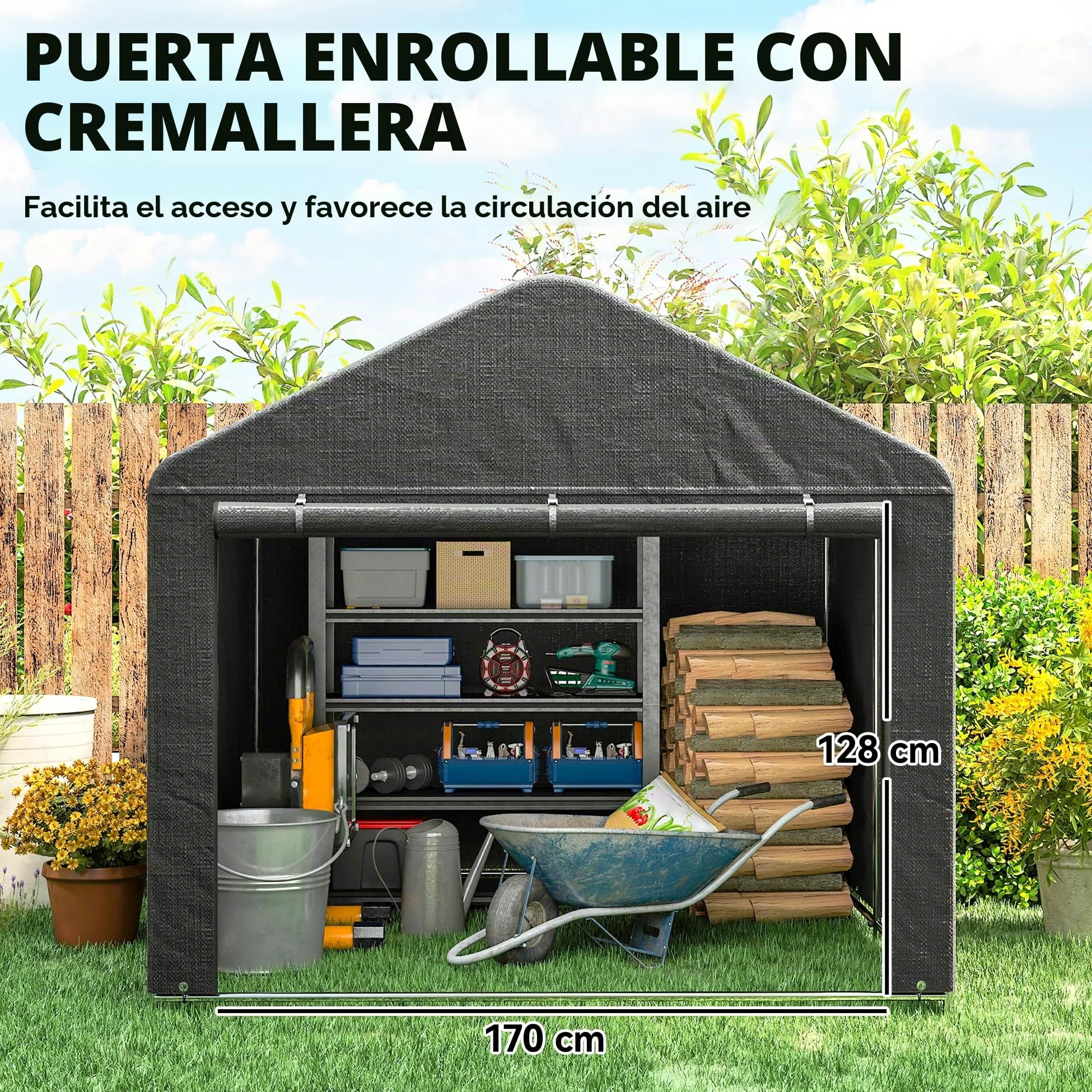 Outsunny 6.6x7.8ft Cobertizo jardín Impermeable Gris Oscuro | Tienda bici, puerta enrollable cremallera, marco metal galvanizado, cobertizo portátil para moto, herramientas