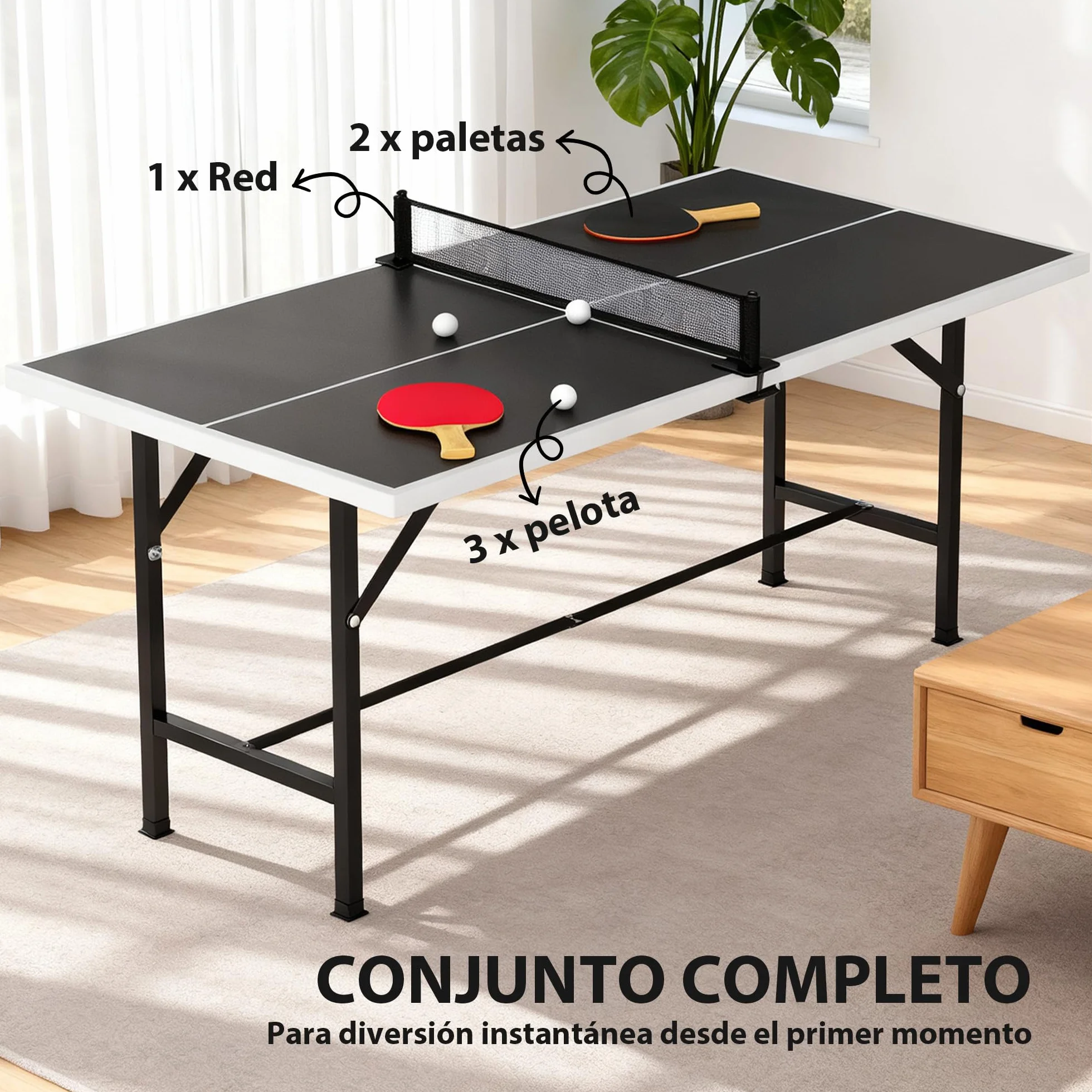 SPORTNOW Mini Mesa de Ping Pong Plegable 152x76x70 cm, Exterior con Red, 2 Raquetas y 3 Pelotas, Negro