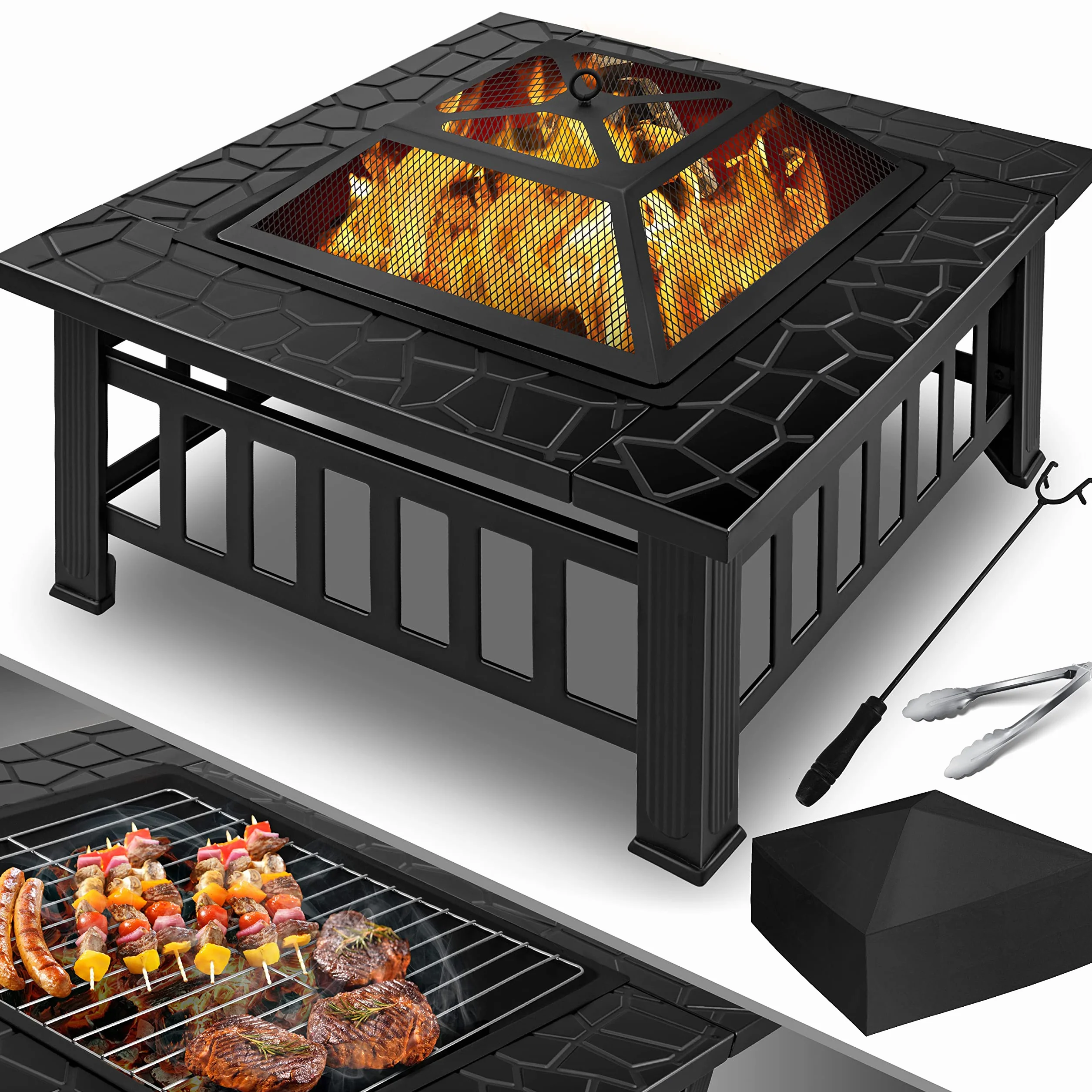 KESSER® Pozo de Fuego con Rejilla de Parrilla de Ø 62, Pozo de Fuego Multifuncional para calefacción/Parrilla de Barbacoa, Gancho y carbón, Cuenco de Fuego para terraza de jardín, Negro (Cuadrado)