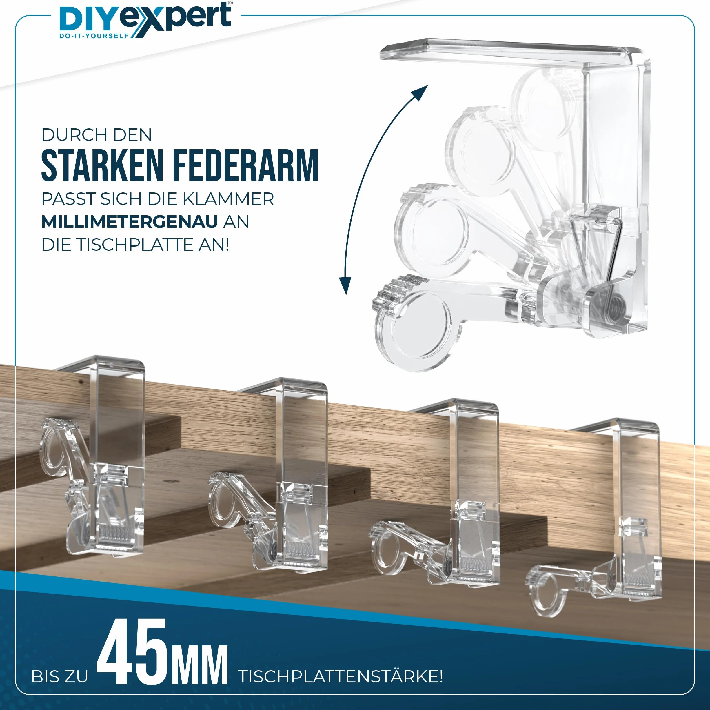 DIYexpert Pinzas para mantel transparentes, fabricadas en Alemania, 8 unidades, resistentes para mesas gruesas de hasta 45 mm, resistentes a la intemperie y antideslizantes, para jardín, balcón e