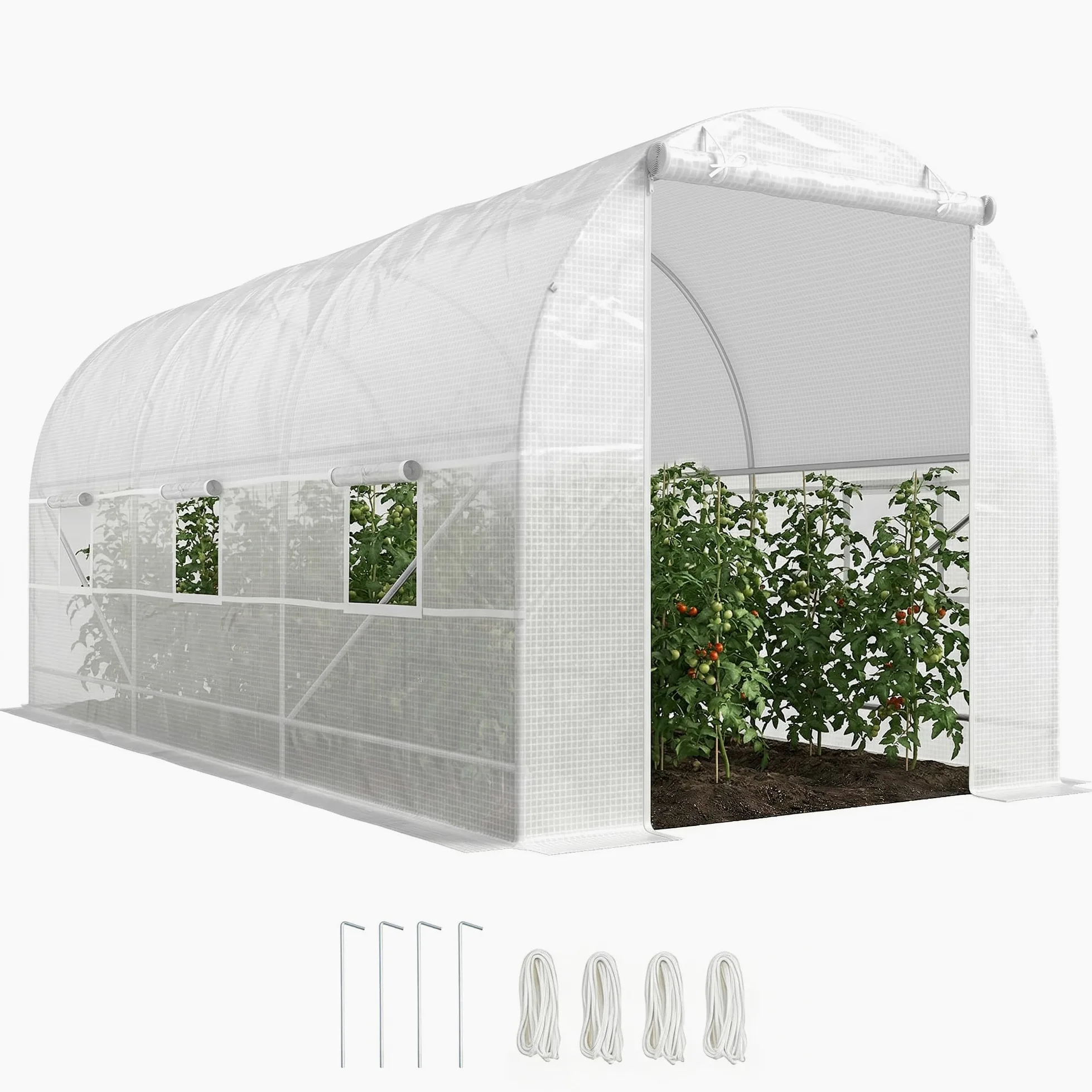 Outsunny - Invernadero de jardín (9 m², 4,45 x 2 x 2 m, Marco Tubular Reforzado 18 mm, 6 Ventanas), Color Blanco | Invernadero de jardín Túnel, todas las estaciones, verduras frutas, flores, lona PE de alta densidad 140 g/m²
