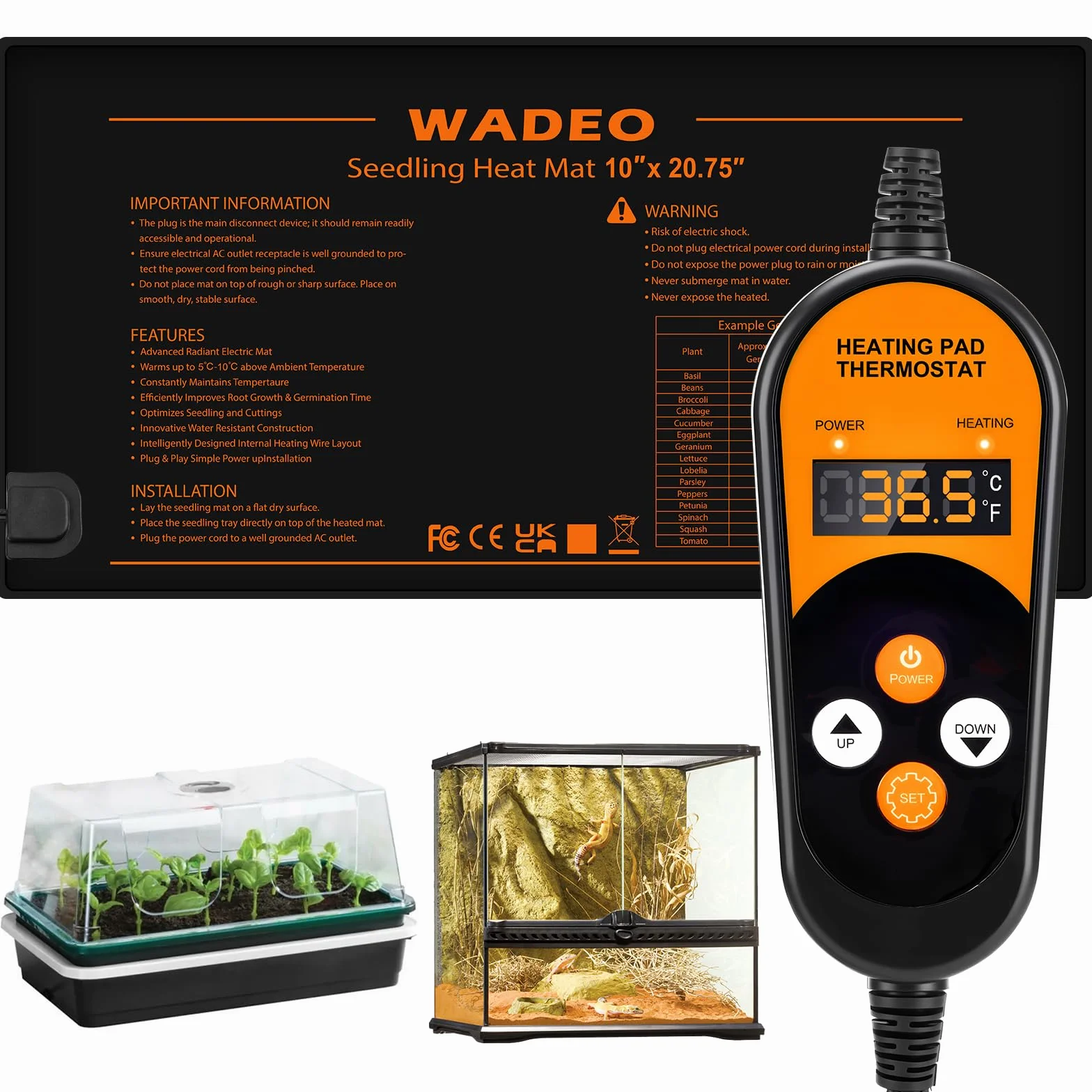 WADEO Esterilla calefactora 53 x 25 cm, 50 W Esterilla calefactora para plántulas con función de calefacción automática y Temporizador, Potencia de calefacción sostenible, para germinación, Reptiles