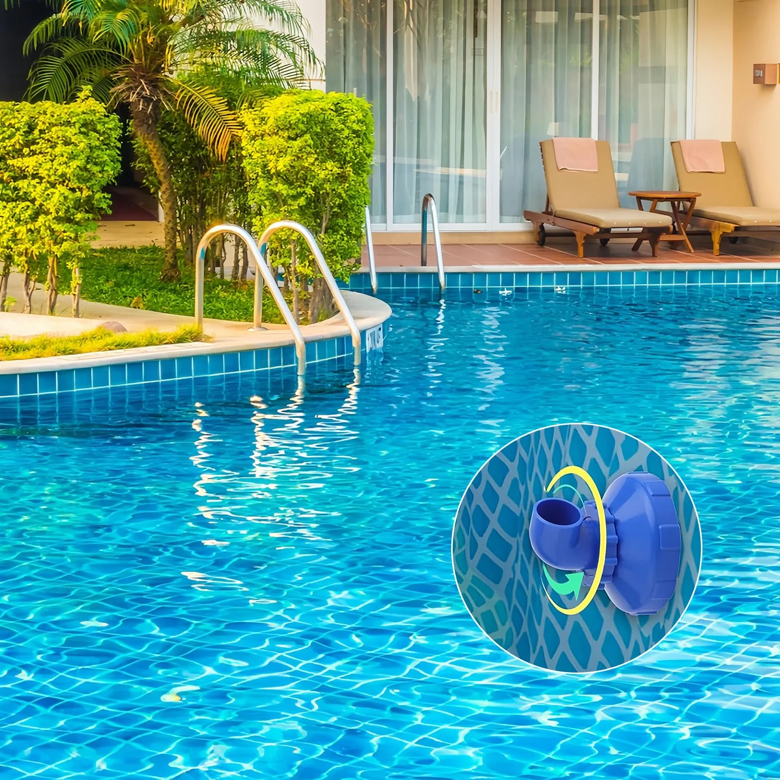 BORDEAG Boquilla de entrada para piscina giratoria 360°, boquilla de entrada para piscina de 32 mm, con abrazaderas de manguera y cinta de sellado impermeable, kit de montaje para piscina, boquilla