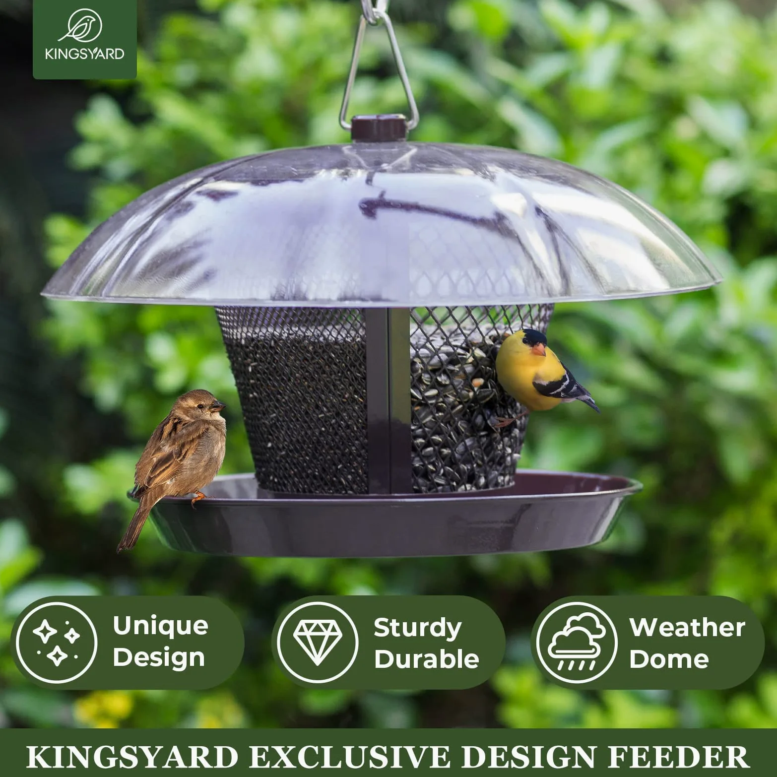 Kingsyard Comedero para pájaros de malla metálica exterior con cúpula resistente a la intemperie, doble alimentador de 2.5 libras. Capacidad de semillas para pinzón cardenal