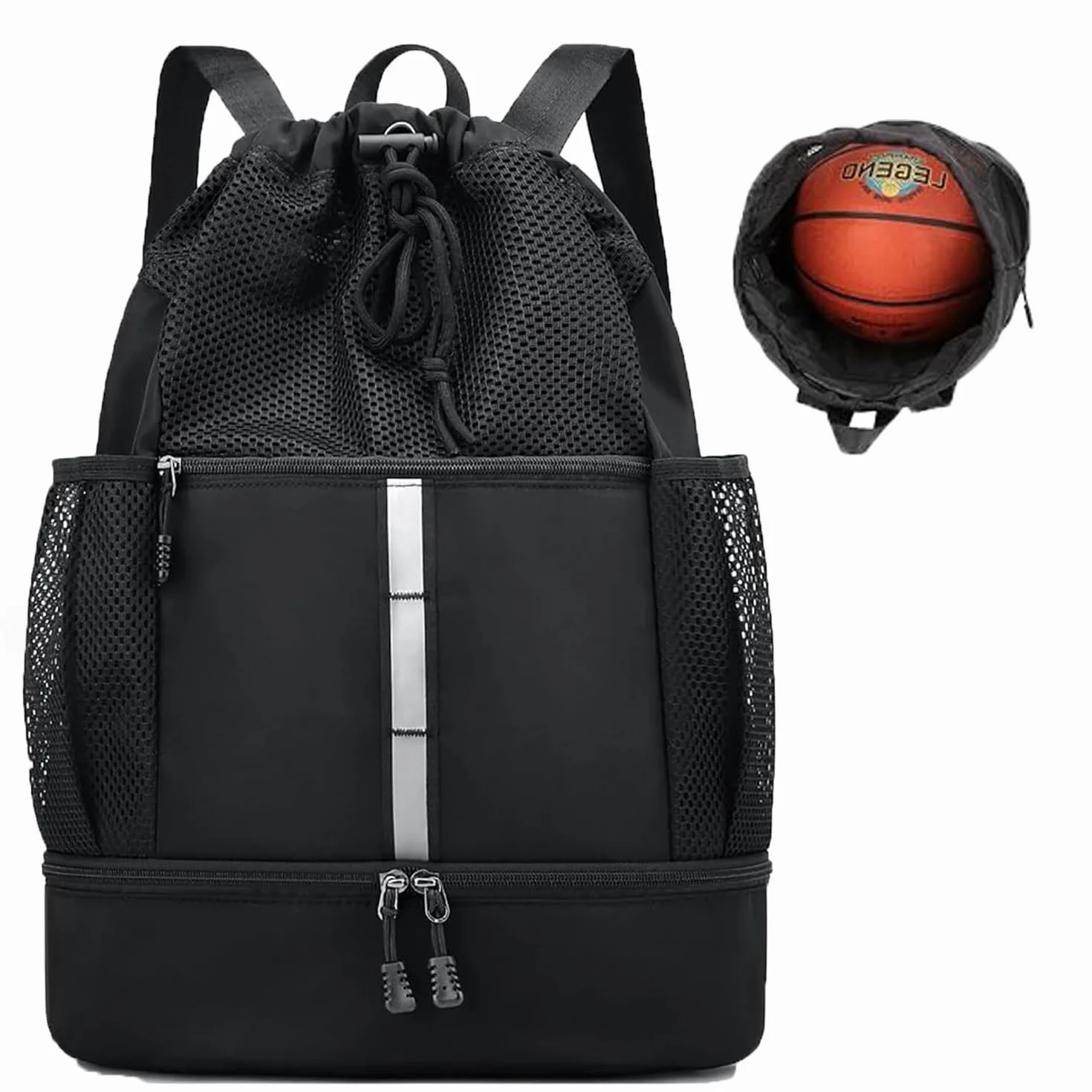 Bolsa de deporte de malla con compartimentos impermeable para hombre y mujer (Negro)