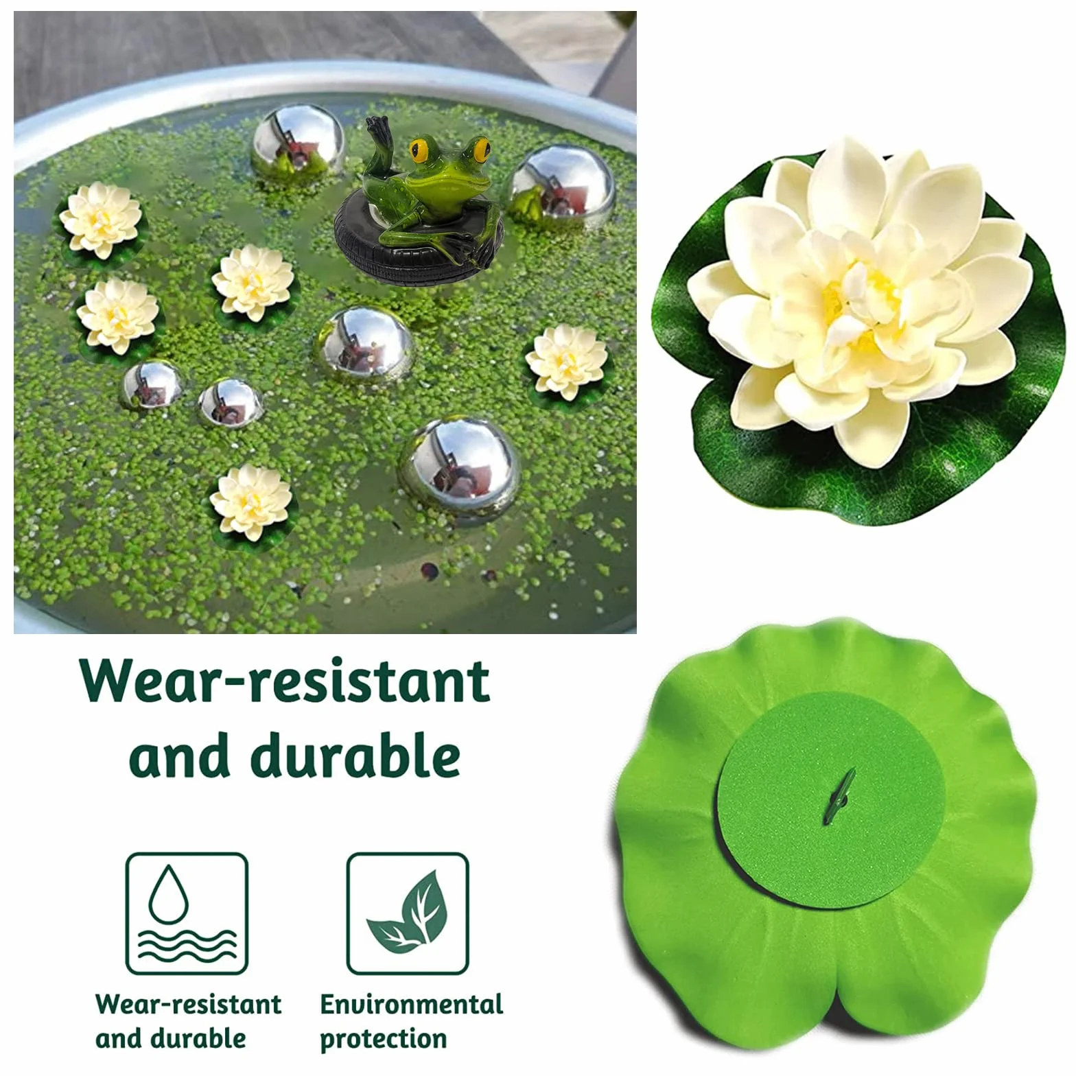 Set de decoración para Estanque de jardín, Dos Ranas con Bolas de Plata y 2 Unidades de Flor de Loto como decoración de jardín para Estanque pequeño (Rana de Espalda)