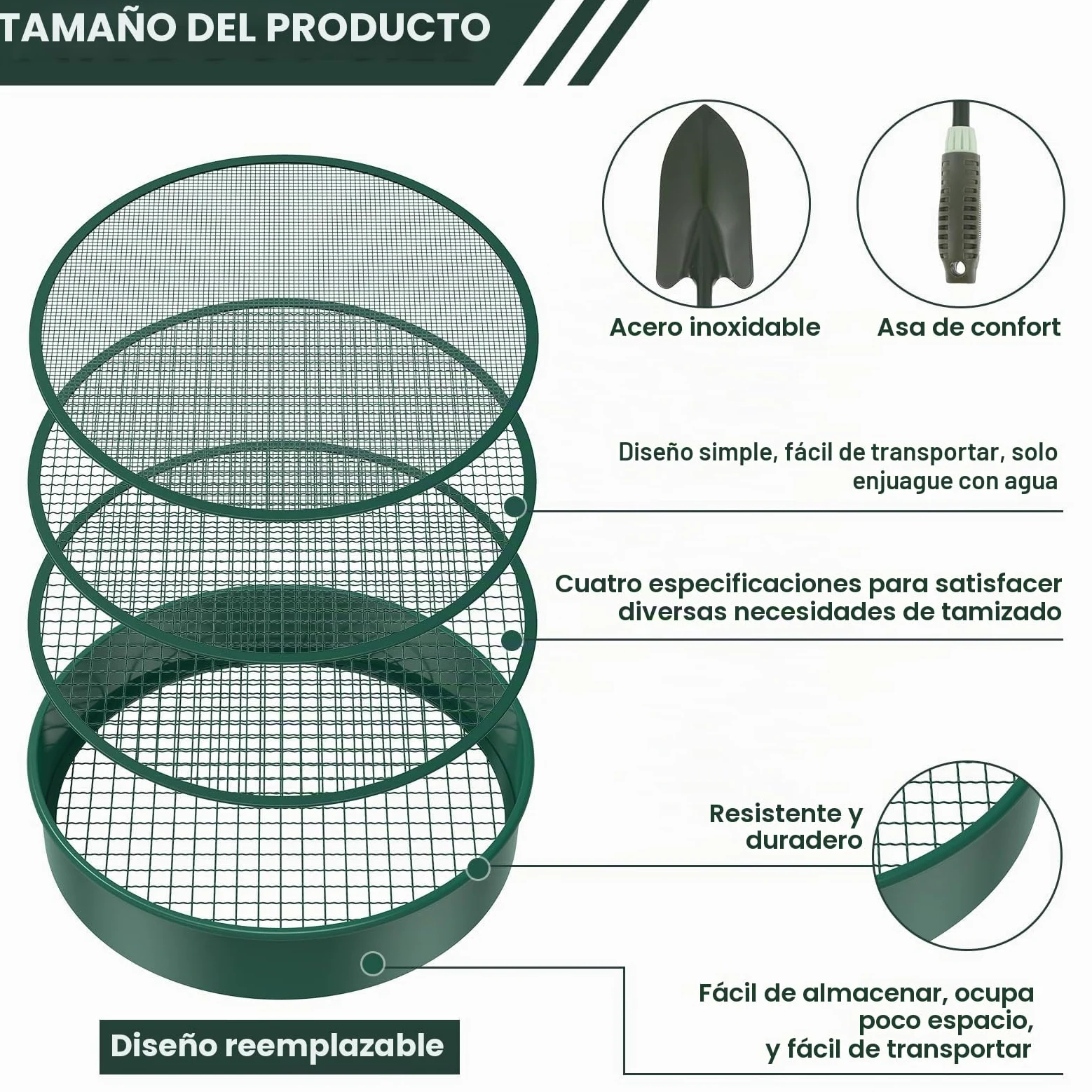 Tamiz de jardín redondo 4 en 1, 30 cm, acero inoxidable, con 4 tamices intercambiables y pala de jardín, tamiz para tierra, compost, semillas, arena