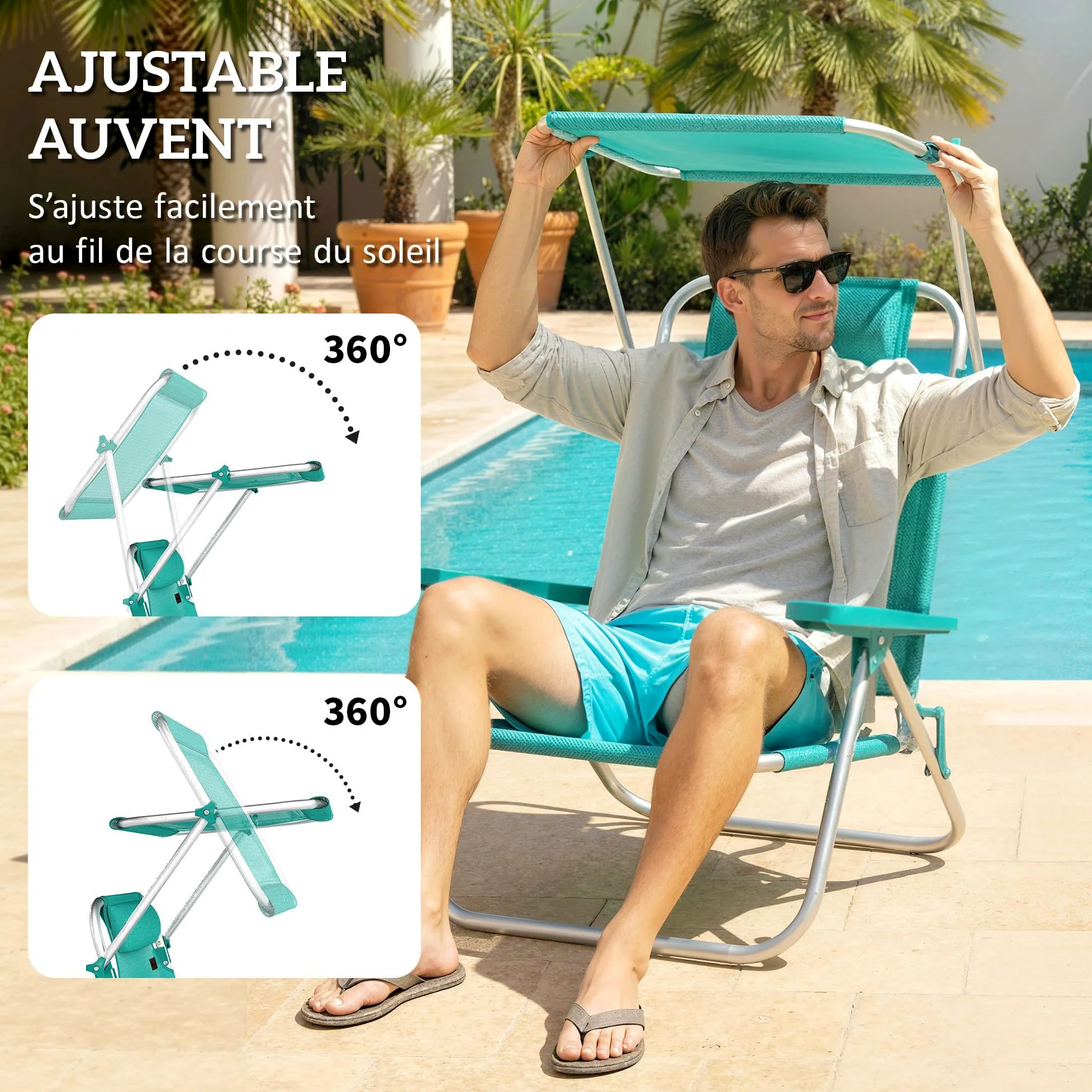 Outsunny - Silla de Playa Plegable con Toldo Ajustable, Respaldo Reclinable de 6 Posiciones, Reposacabezas, Aluminio y Malla Transpirable, para Exterior, Jardín, Pícnic, Festival, Viajes, Turquesa