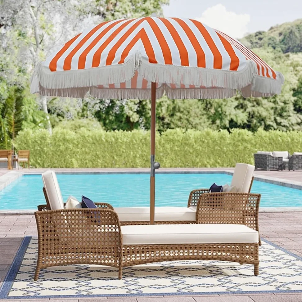 Genérico 220 cm Sombrilla de Exterior a Rayas Naranjas con Borla, Parasol de Playa UPF50+, Sombrilla de Jardín Plegable con Poste de Hierro