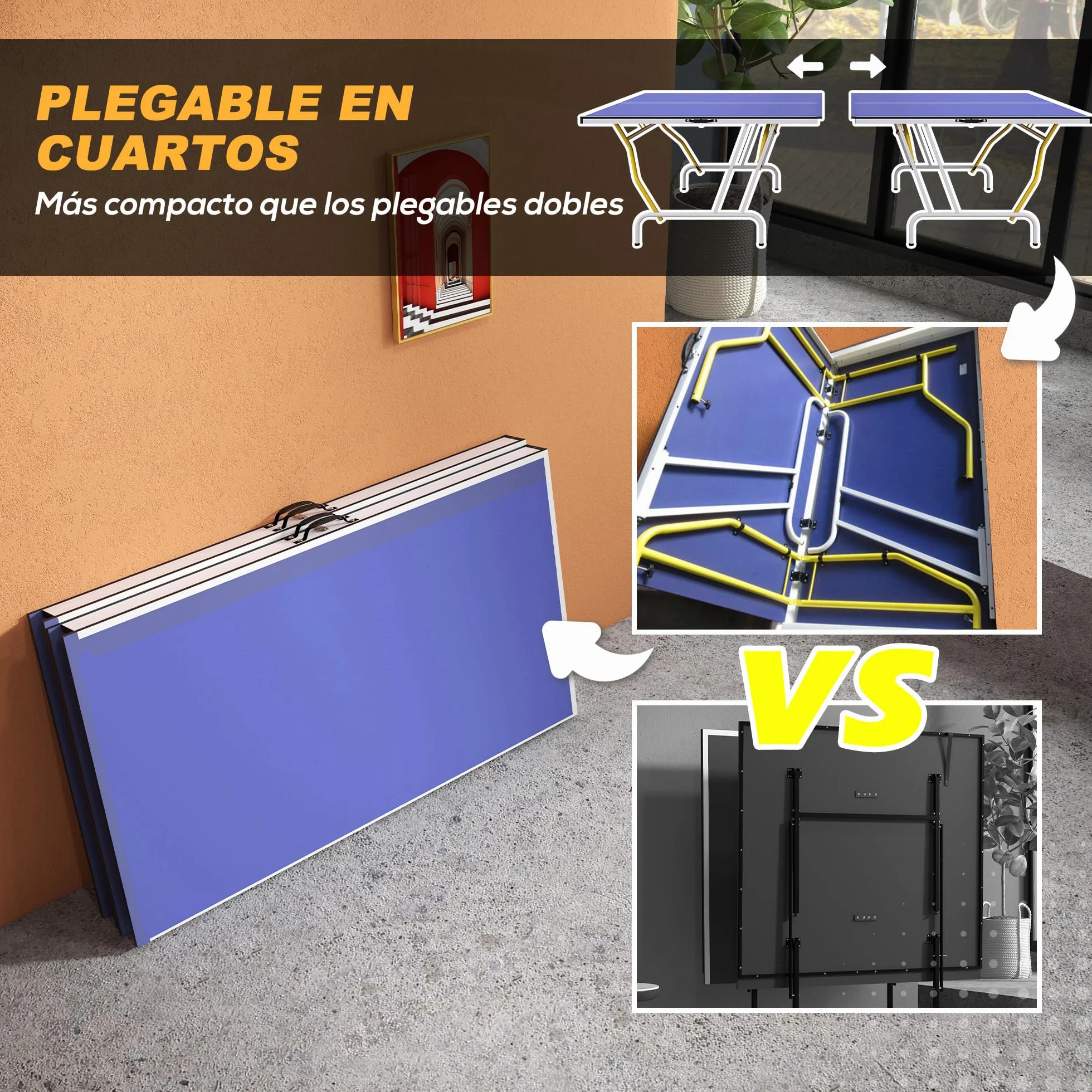 SPORTNOW Mesa de Ping-Pong Plegable con Red, Reposapiés Ajustables y Marco de Acero, 274x152,5x76 cm Azul