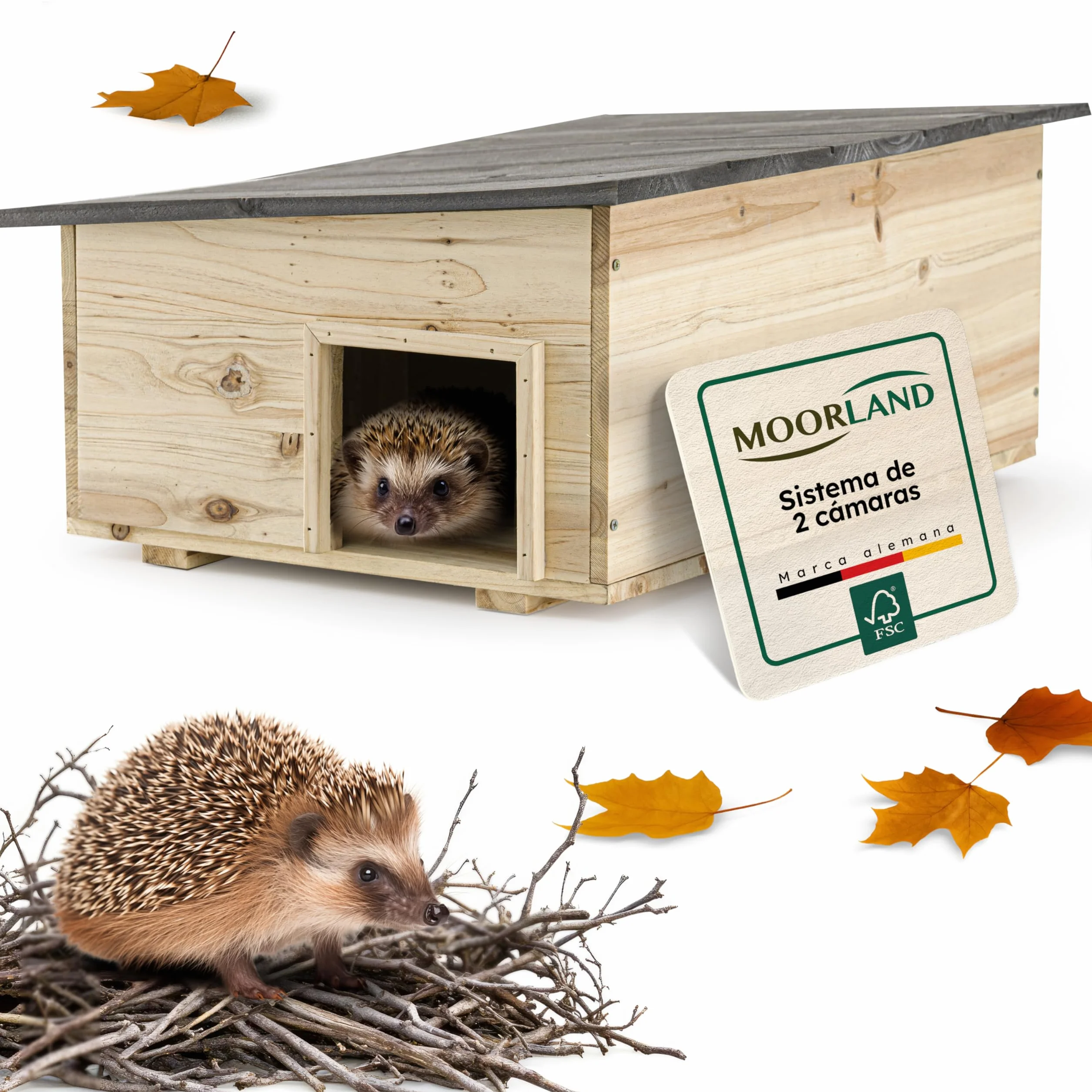 Moorland Casa de hibernación para erizos – Refugio Invierno FSC 54×38 cm con Base, Entrada laberíntica ventilada, Techo extraíble, Resistente al Clima para Uso en jardín