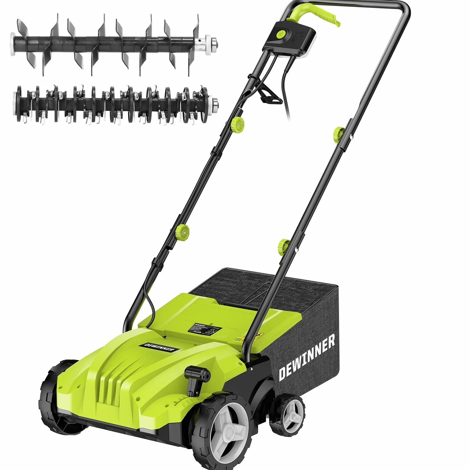 DEWINNER Escarificador eléctrico 2 en 1, aireador de césped 1500W, 32 cm de Ancho de Trabajo, Cesta de Recogida de 30 l, Ajustable en 4 Niveles de -12 Biz + 4 mm