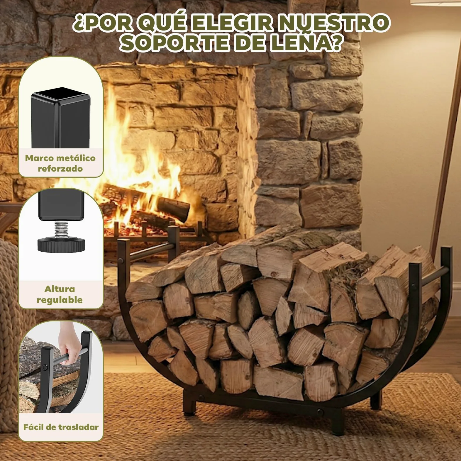 Estantería para Leña de Metal | Almacenamiento de Leña para Interior y Exterior | Soporte para Chimenea, Jardín, Camping y Autocaravana | Fácil Montaje, Negro