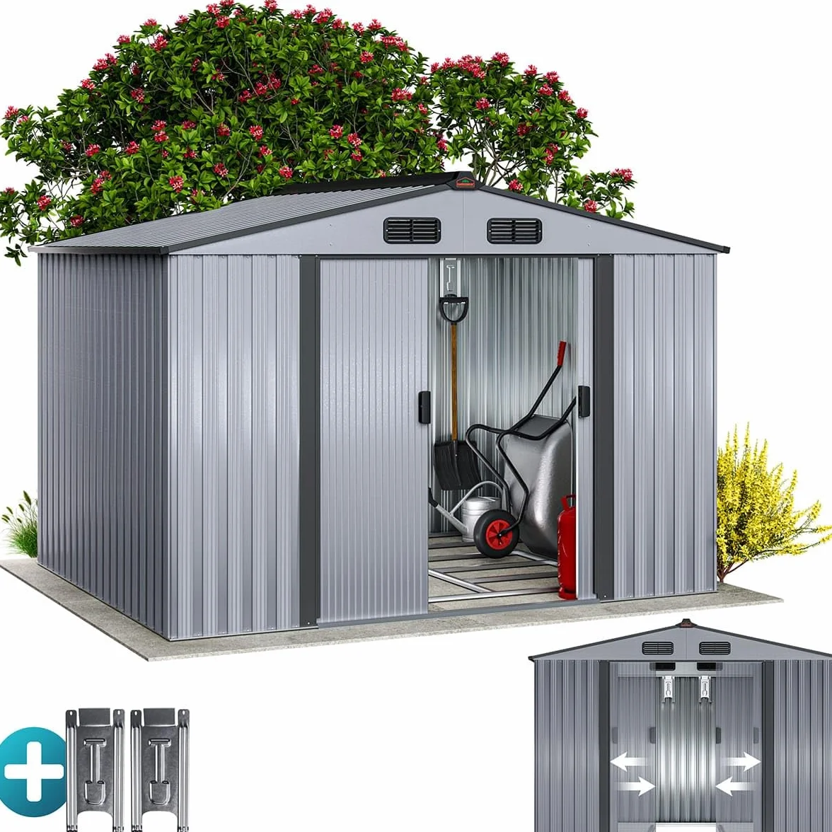 GARDEBRUK® Cobertizo de Jardín XXL Caseta Exterior 5m² con Base 260x205x180cm 9m³ Puerta Corrediza Gris Metálico
