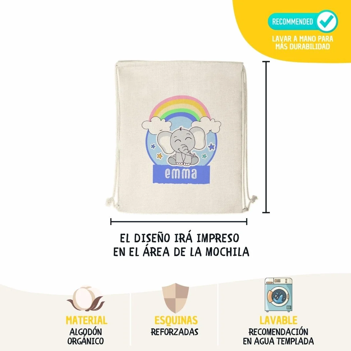 Mochila Personalizada Algodón Diseño Infantil Bolso Saco con Cuerdas Hecho en España