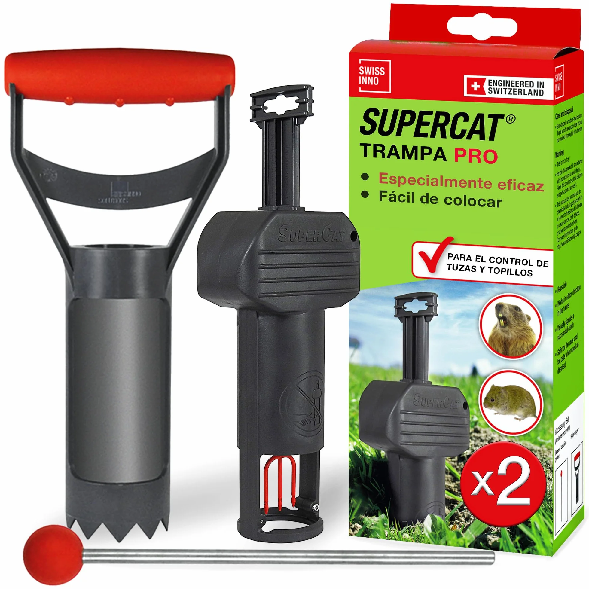 SWISSINNO Trampa para Topillos con Sonda SuperCat Incluida – Trampa Mecánica para Roedores Subterráneos, Control de Jardín, Reutilizable, Instalación en Túnel Vertical – 2 Trampa + 1 Sonda