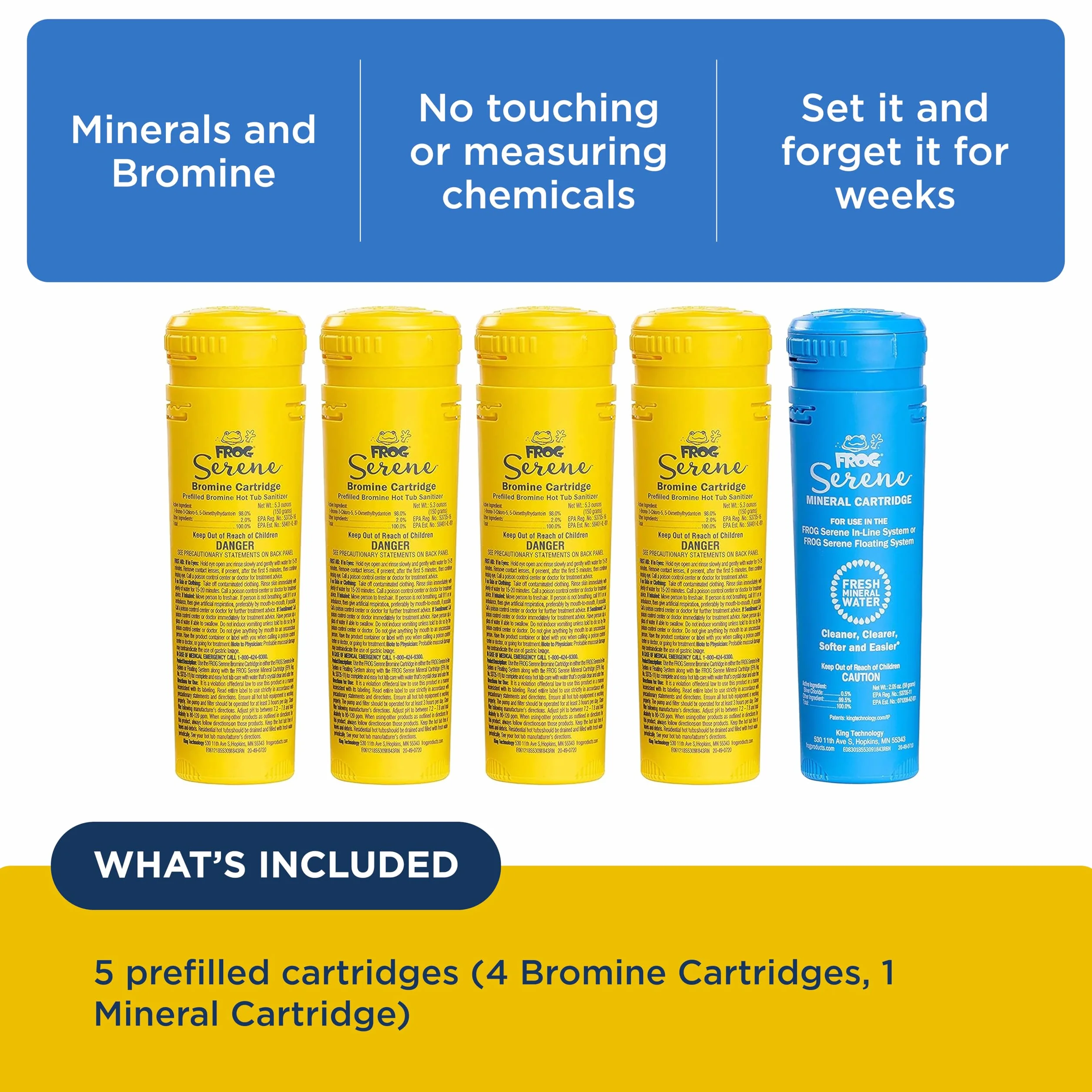 FROG Serene - Kit de cartucho de repuesto mineral y bromo para uso con el sistema de desinfección flotante FROG Serene, precargado para un mantenimiento rápido y fácil de la bañera de hidromasaje