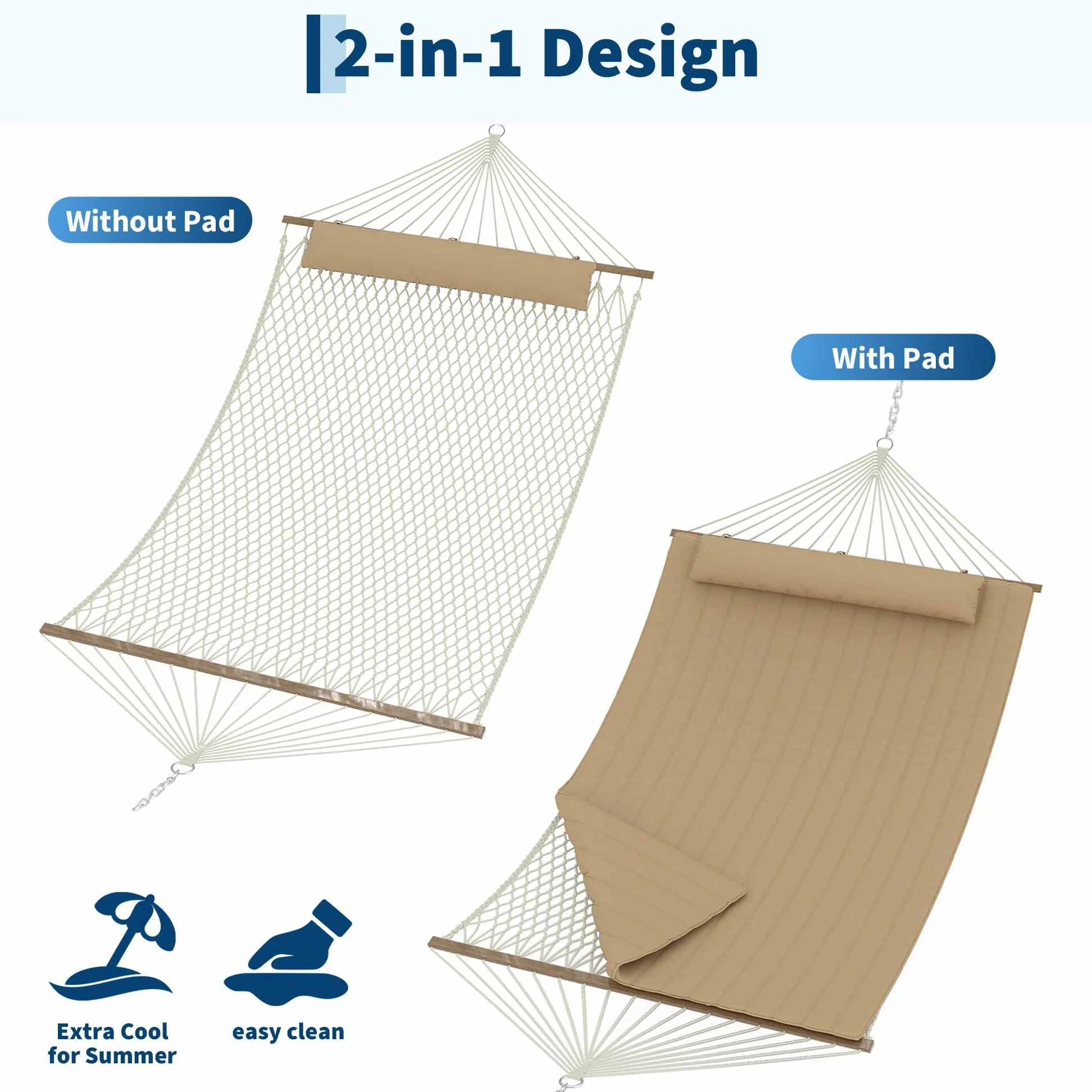 Garvee Hamaca Doble De Cuerda De Yute para Exteriores – Ergonómica con Cojín Extraíble y Resistencia Al Clima para Jardín, Patio o Playa – hasta 204 kg (Amarillo Marrón)