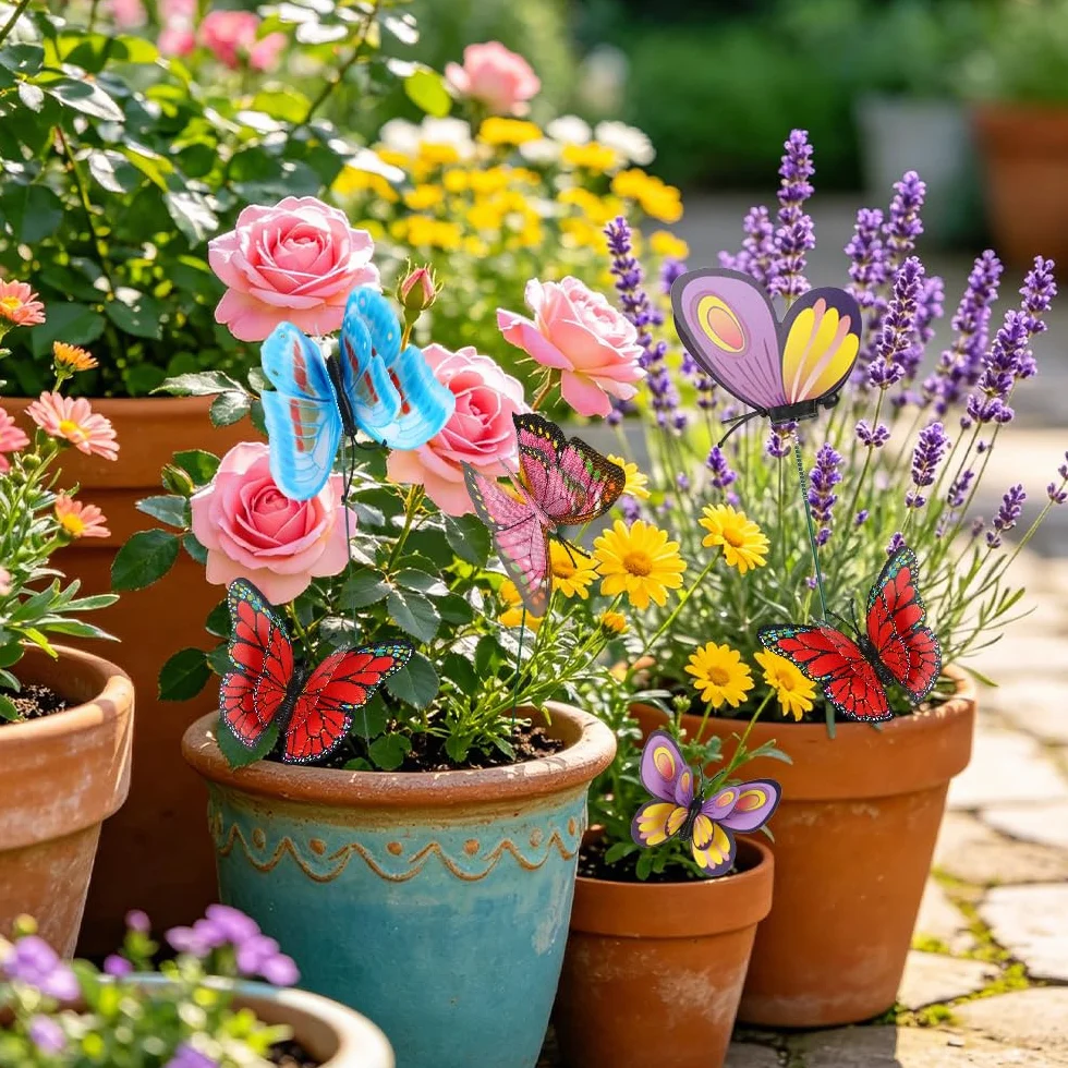 Juego de 50 Estacas de Jardín – Mariposas, Libélulas y Mariquitas en PVC Impermeable, Adornos Coloridos de 7 cm para Patio, Maceta y Decoración Exterior