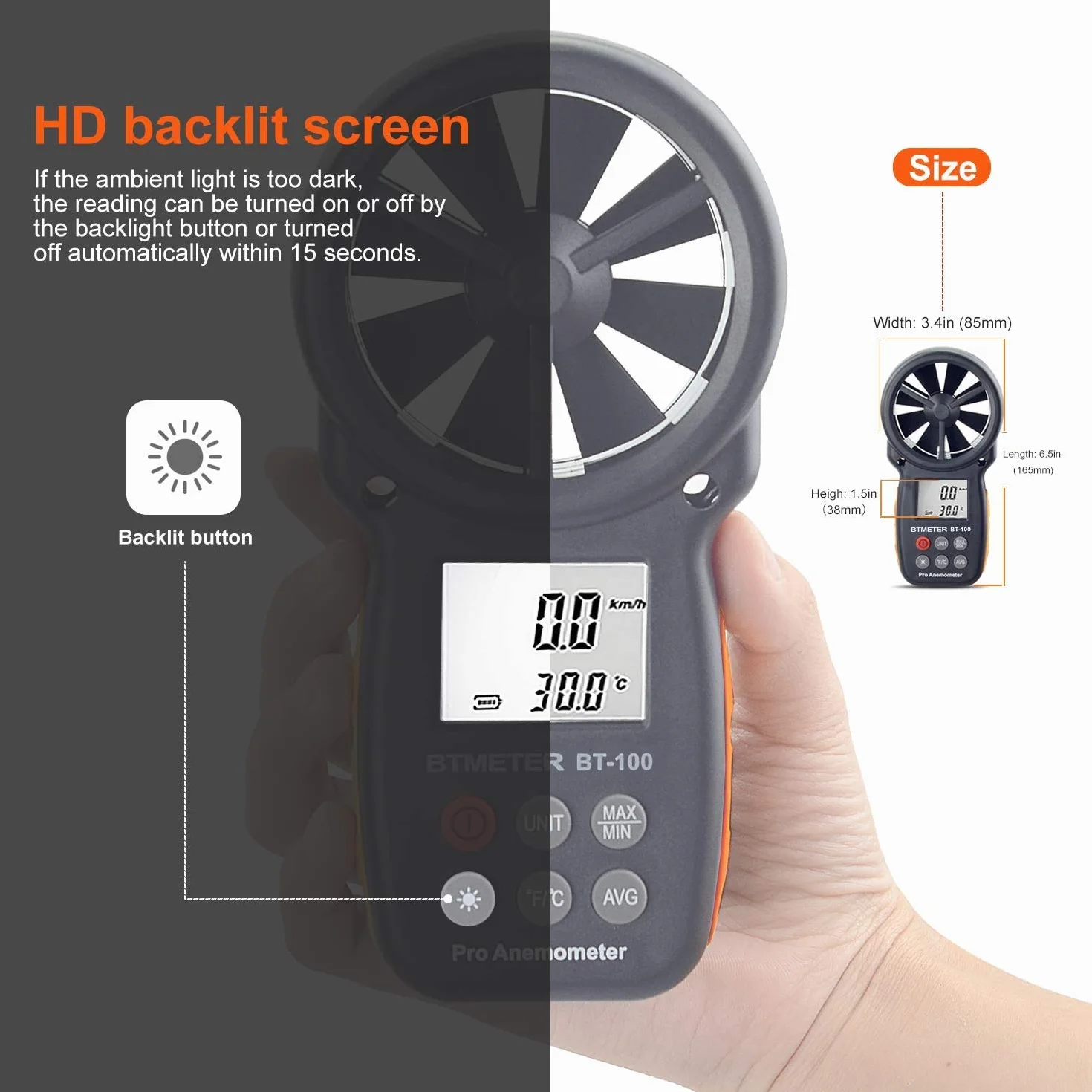 BTMETER BT-100 Anemómetro Portatil, Digital Anemómetro de Mano del viento de Pantalla LCD Medidor de Velocidad Viento Aire con Luz de Fondo MAX/MIN para Vela