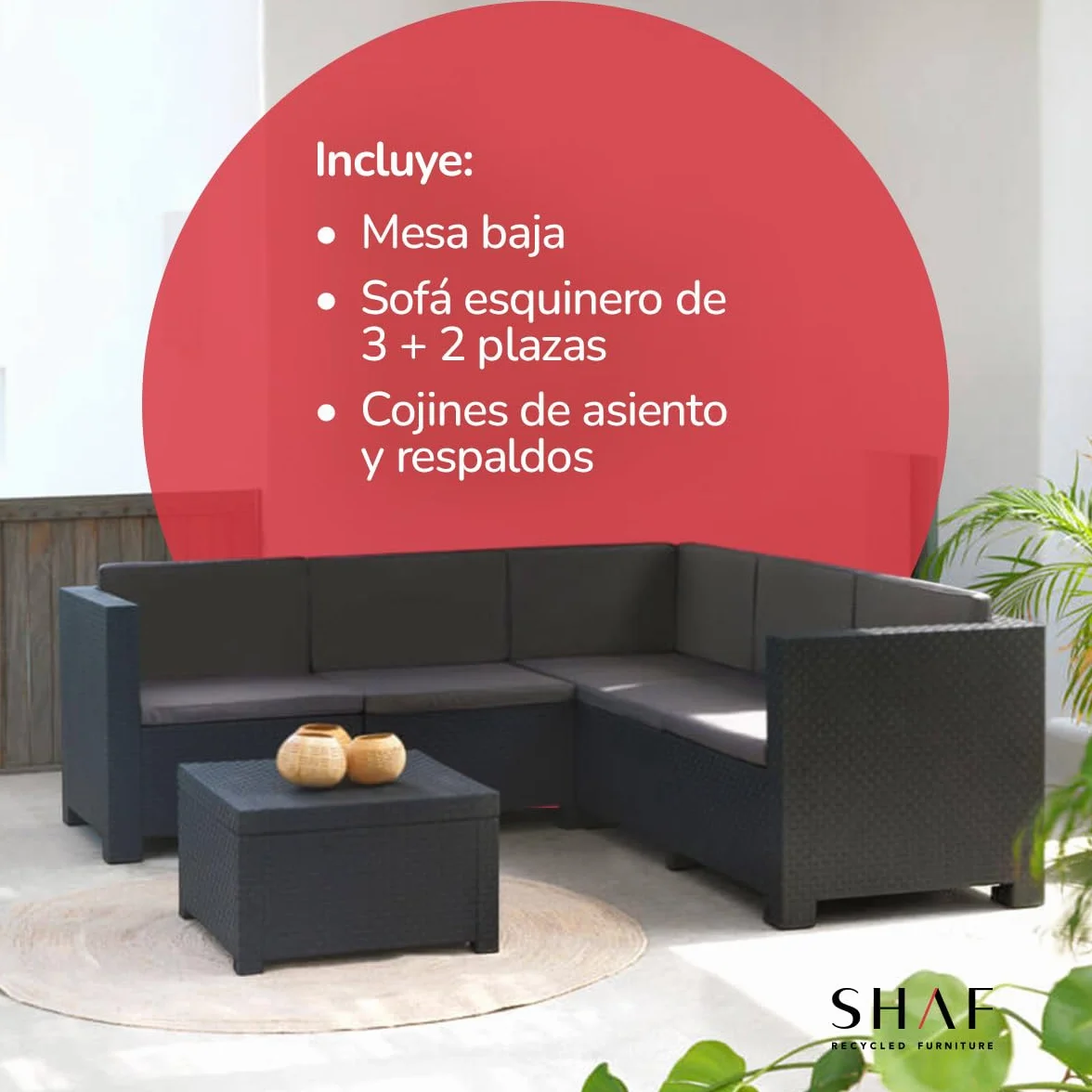 SP Berner - Set de Muebles de Jardín y Terraza Oasis Color Grafito - Tres Piezas - Sofá Canapé 3 y 2 Plazas y Mesa de Centro con Almacenaje - Fabricado en España con Plástico Reciclado
