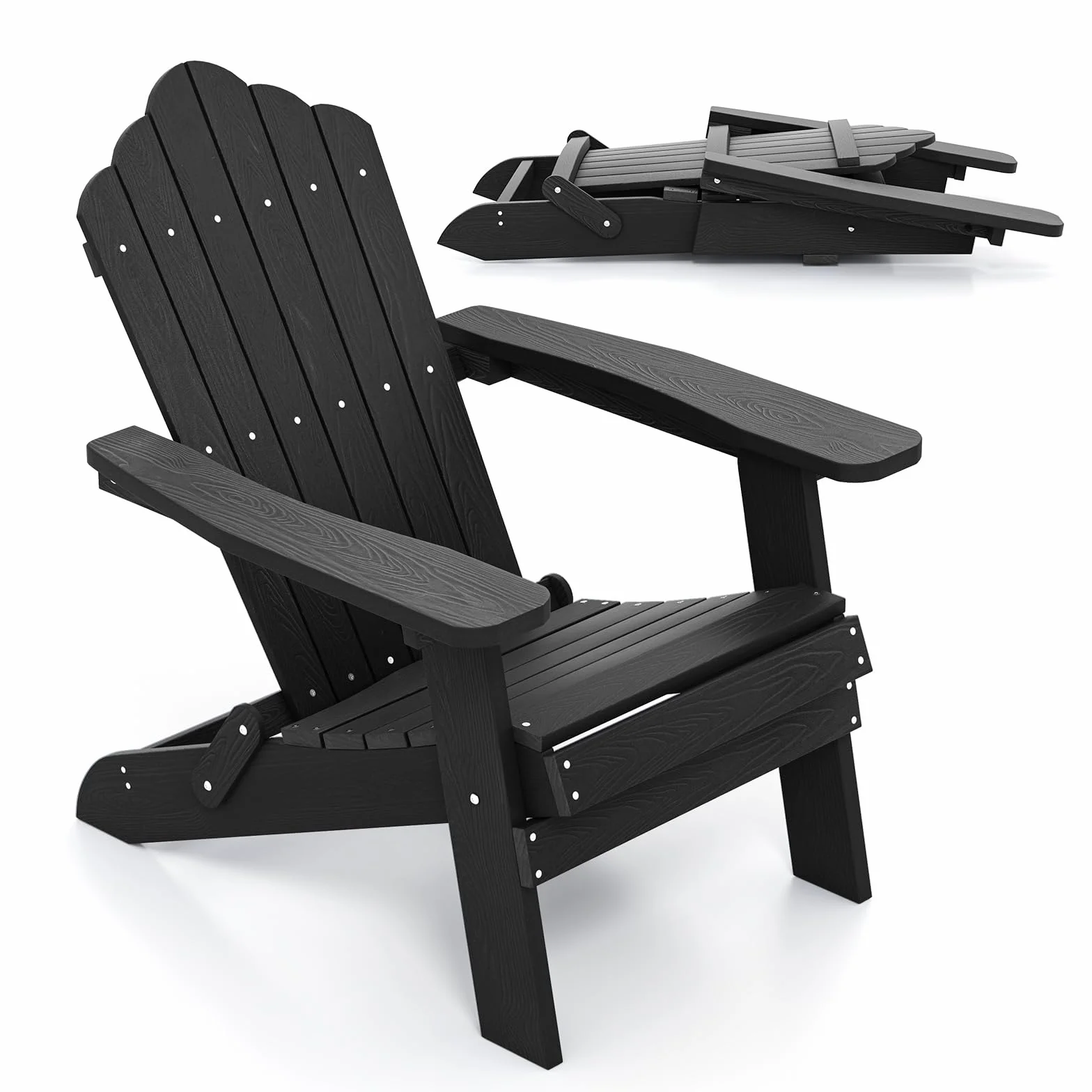 GOPLUS Silla Adirondack Plegable, Silla Exterior de HDPE con Respaldo Inclinado Ergonómico y Reposabrazos Anchos, Asiento Resistente a la Intemperie Carga 180 kg para Jardín Terraza Balcón (Negro)