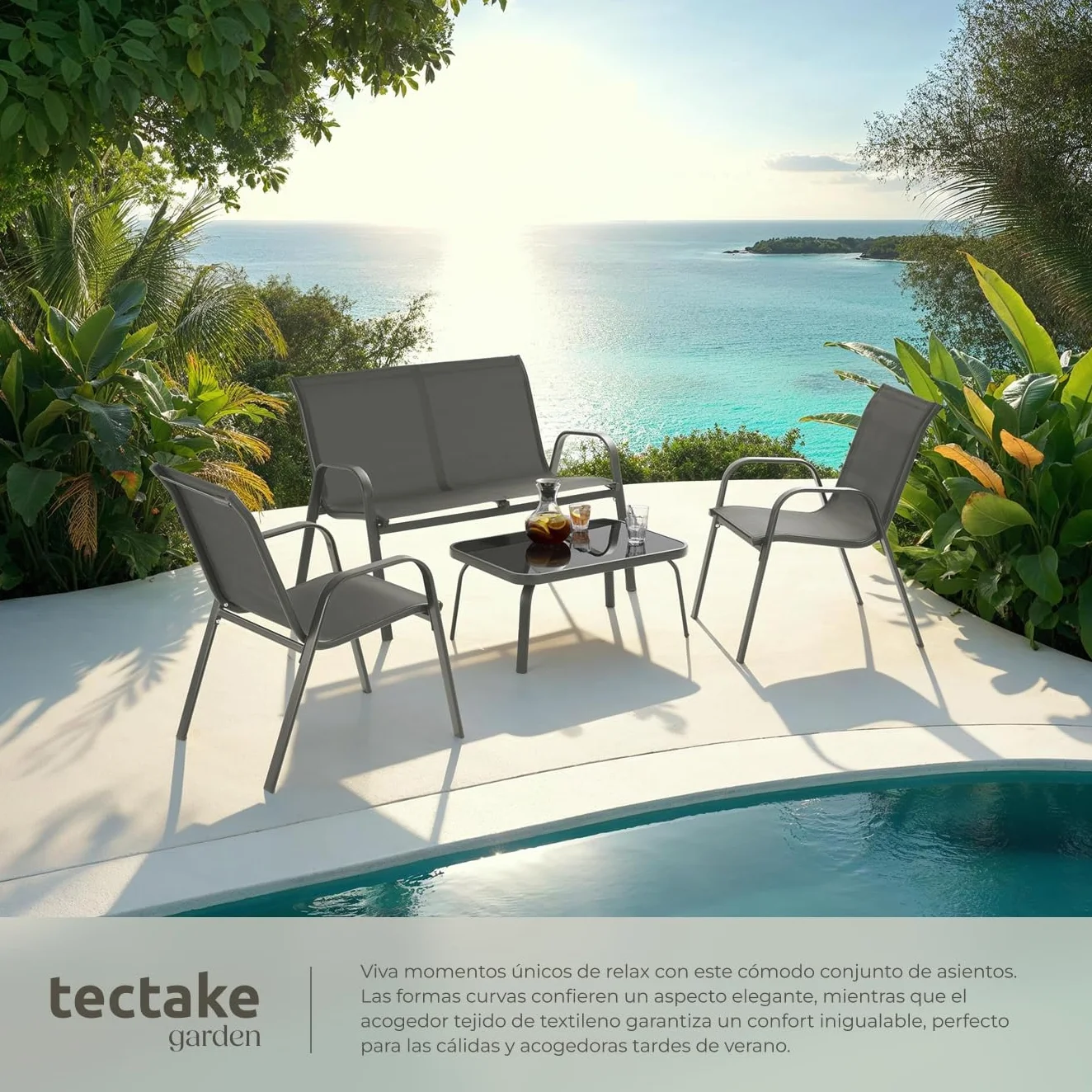 tectake® Conjunto Jardin Exterior para 4 Personas, Muebles Jardin Exterior con Estructura de Acero, Mesa con Vidrio de Seguridad, Muebles Terraza y Sofa Terraza - Antracita