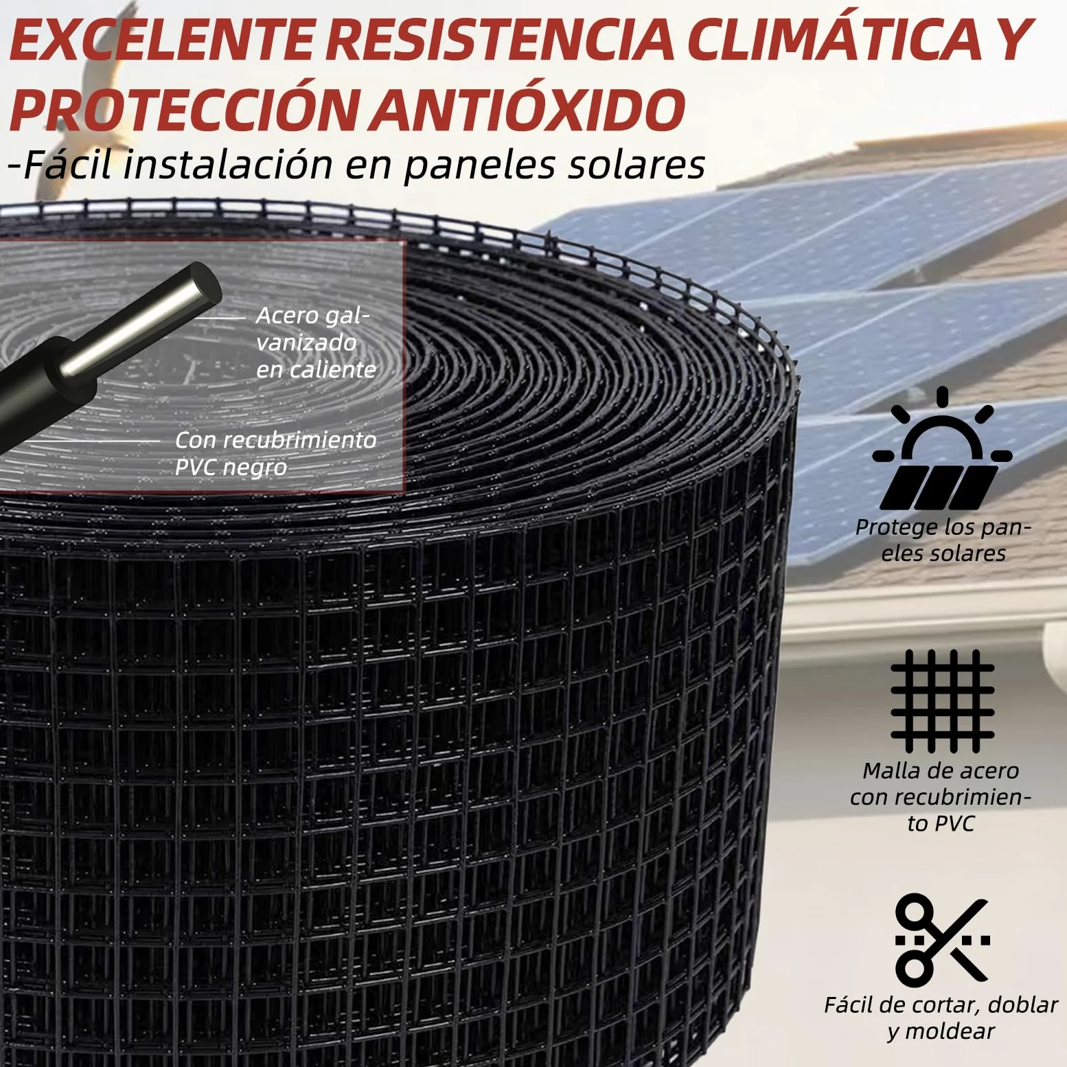 Red de protección contra pájaros para paneles solares, 30 m x 20 cm, revestimiento de PVC, inoxidable, incluye 100 bridas
