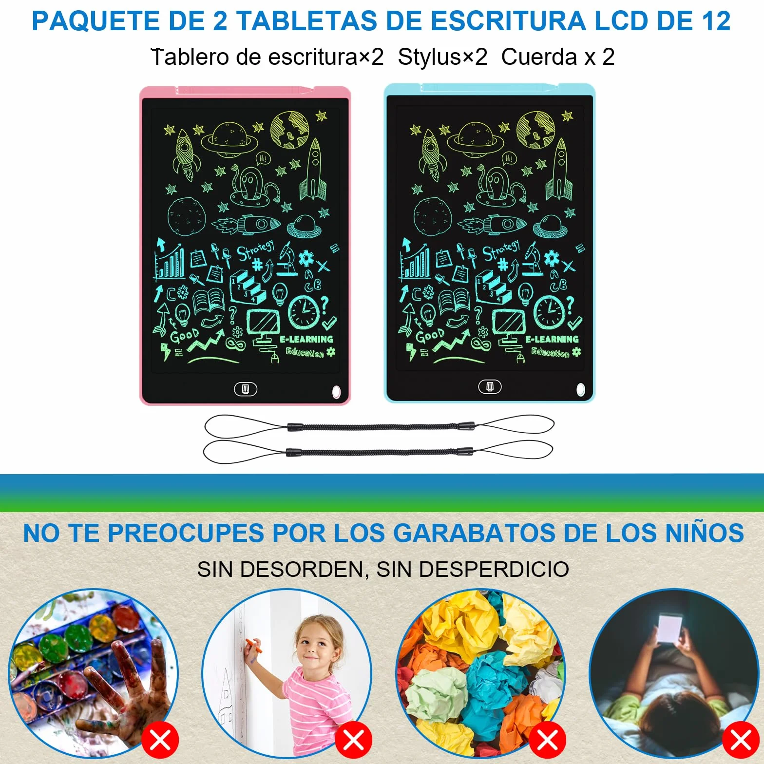Electight Tablet Escritura LCD 12 Pulgadas 2 Packs Pantalla Colorido Infantil Juguetes Educativo Niños Borrable Bloqueo