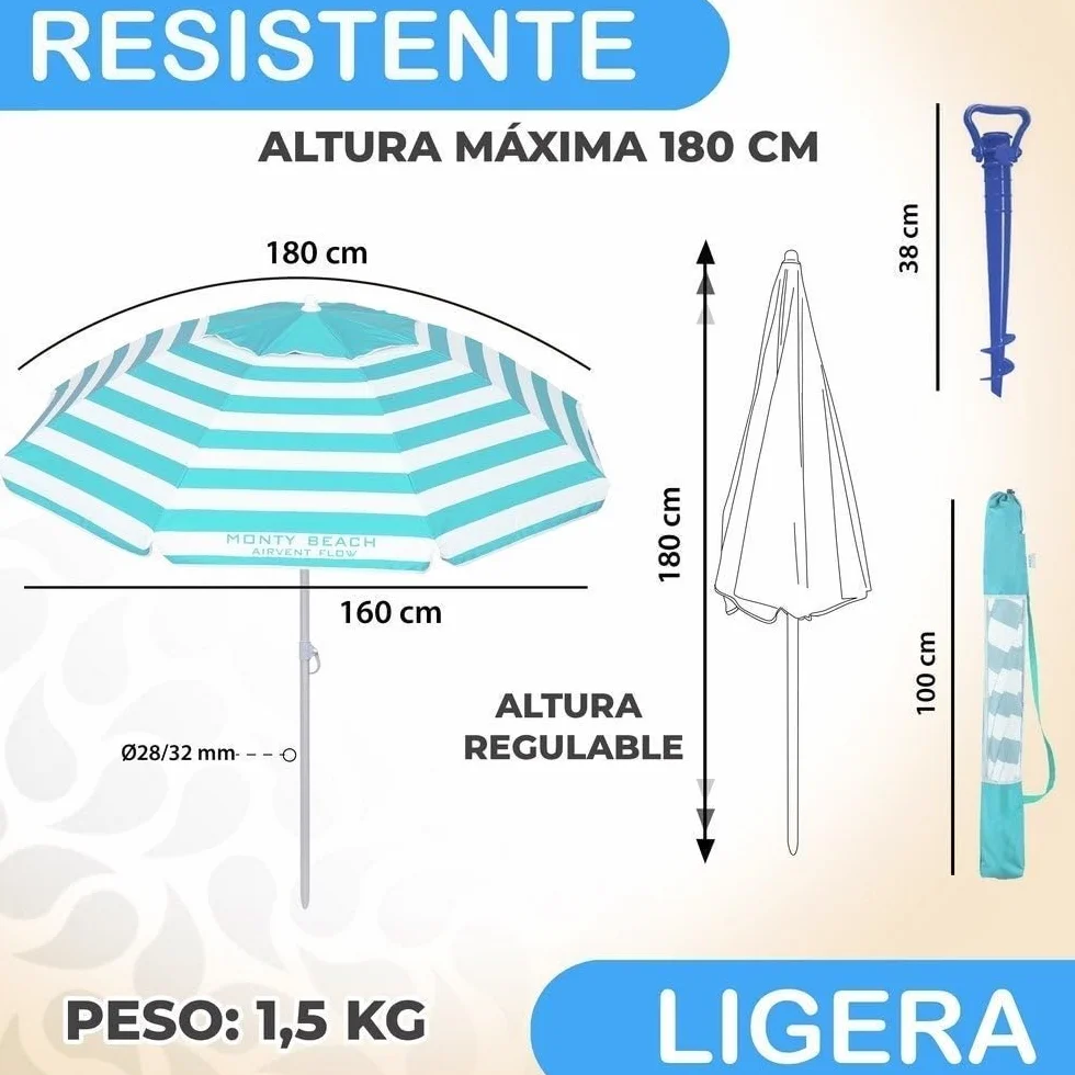 LOLAhome Sombrilla Playa 180 cm y Soporte Arena, protección UV+50, sombrilla antiviento, Varillas Flexibles Fibra Vidrio, Techo ventilación, mástil inclinable y Regulable Altura, Bolsa