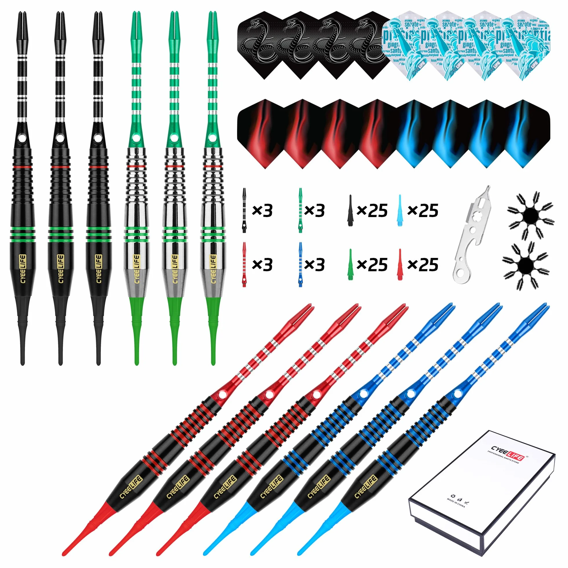 CyeeLife Dardos Punta Plastico para Diana Electronica de Profesionales + 16 Plumas + 12 Ejes Aluminio + 100 Puntas + 2 Protectores (18g)