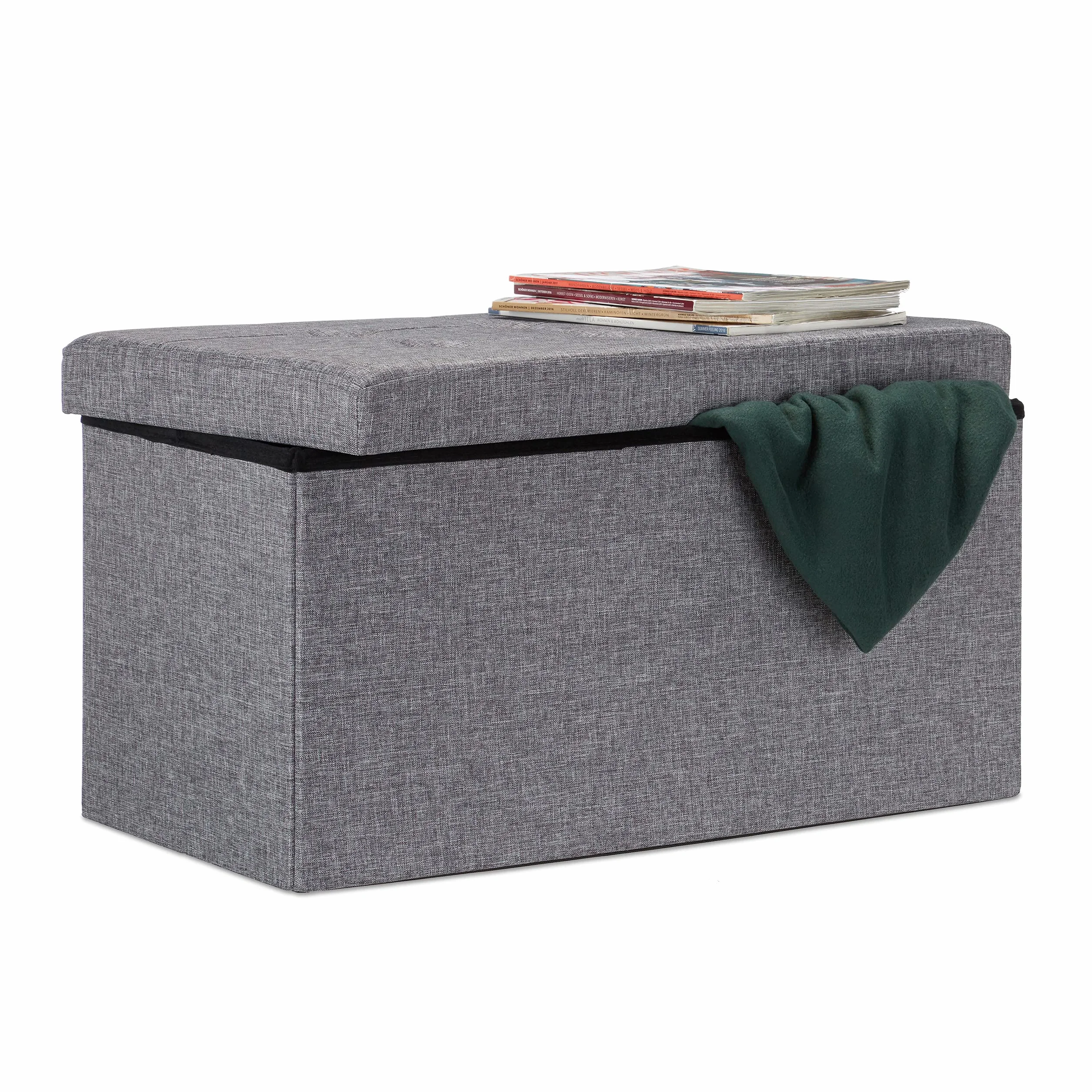 Relaxdays Banco otomano Plegable XL, Resistente, Taburete Plegable con Tapa extraíble, 38 x 76 x 38 cm, Gris Oscuro