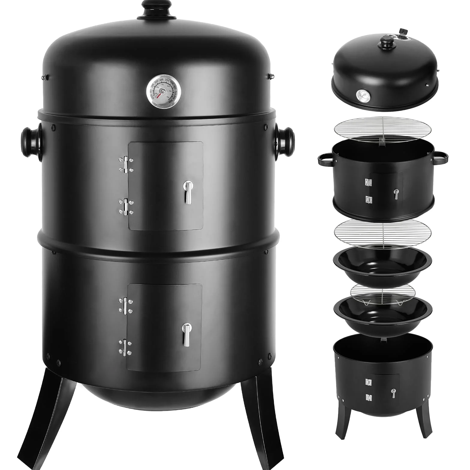 TLGREEN Ahumador 3 en 1, Smoker Barbacoa, Barril de Ahumado, Ø44,5 x 80 cm, Incluye Salida de Aire Regulable y Termómetro, Cuenco de Agua, 2 Rejillas de Barbacoa, para Ahumar, Asar y Cocinar