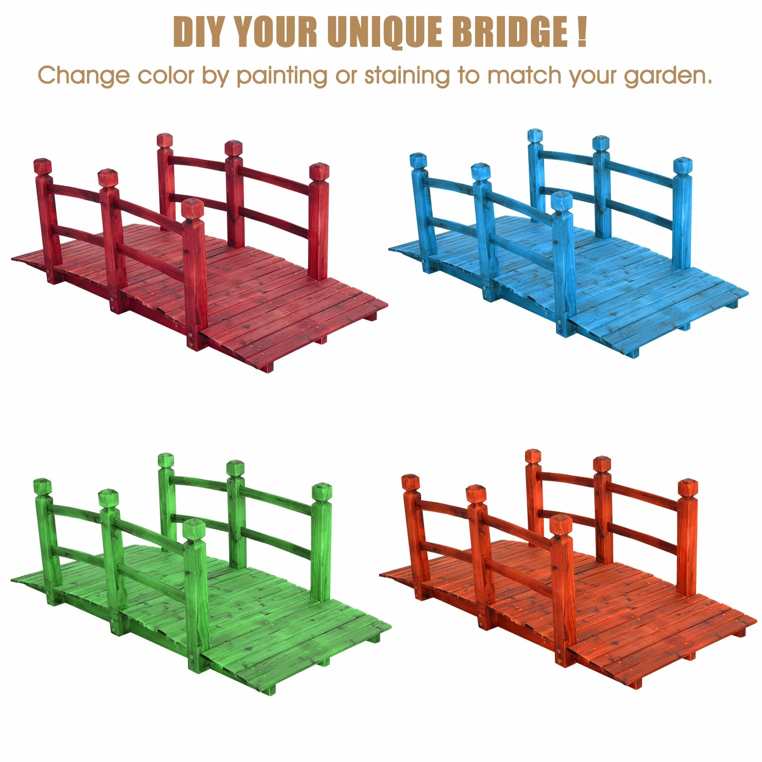 SOARS Puente de Jardín Madera con Barandilla, Puente de Pie Decorativo de Abeto con Capacidad de Carga de hasta 100 Kg, 150 x 67 x 55 cm cm, Puente Decorativo para Jardín, Estanque y Arroyo