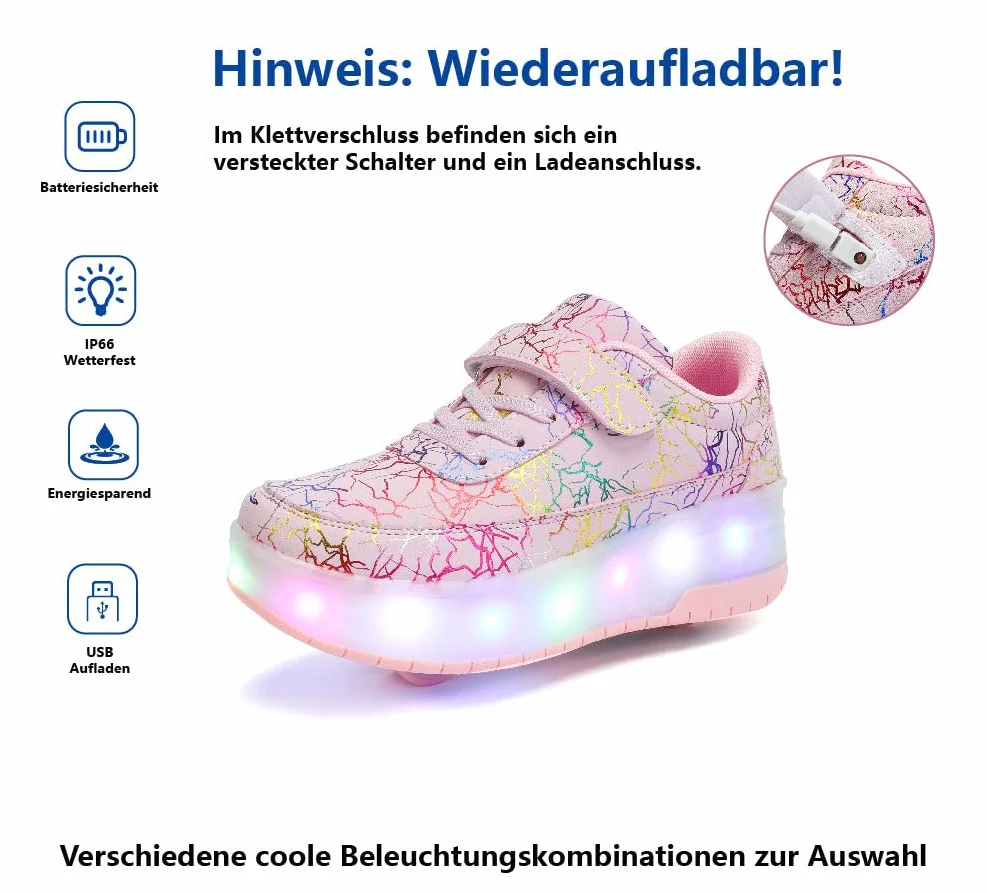 Zapatos Niña Niño con Ruedas 2 en 1 Patines Brillantes Zapatillas Skateboard