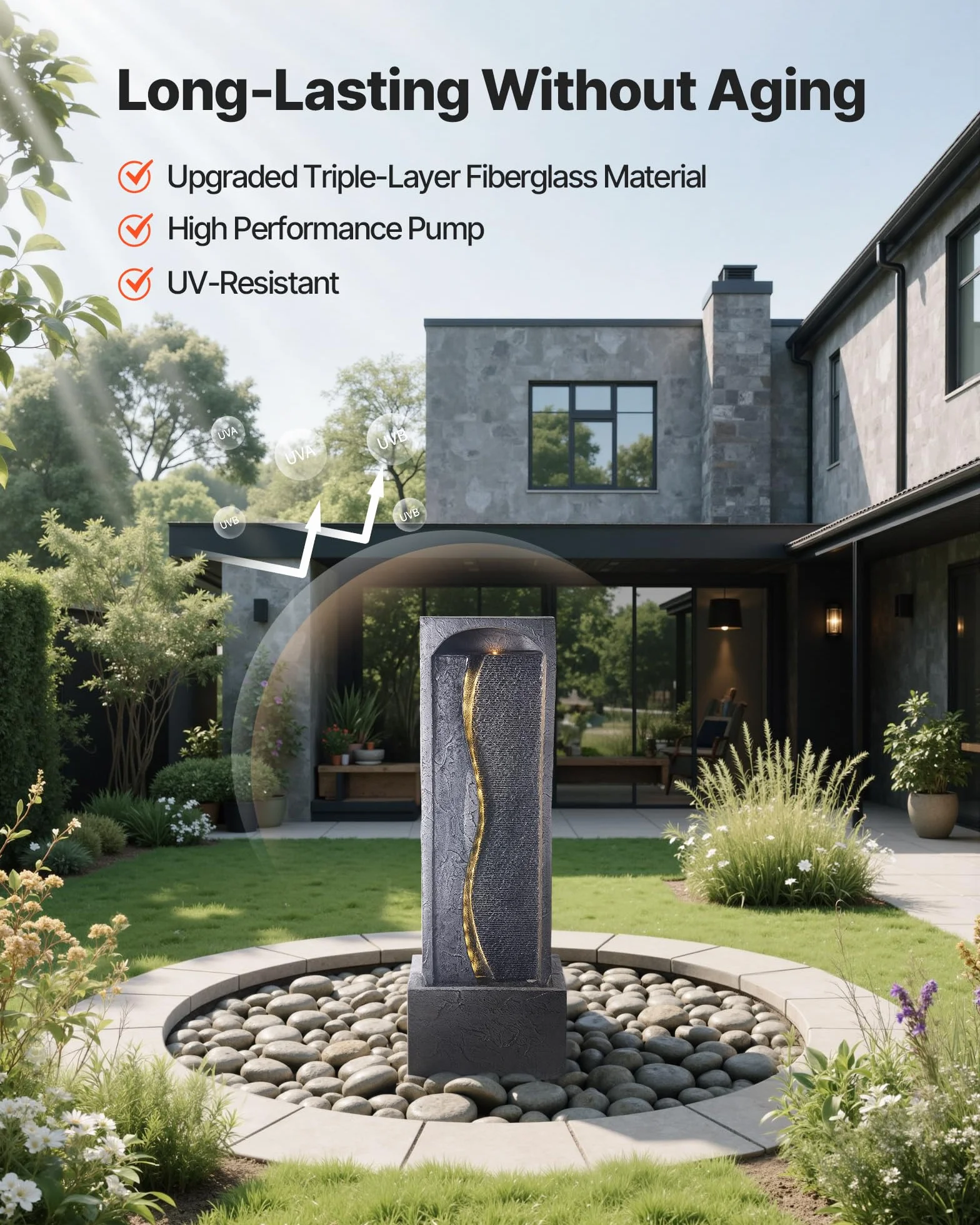 VEVOR Fuente de Agua para Exteriores, 98 cm de Altura, Fuente de Cascada Moderna de Una Sola Capa con Base de Roca, Luz LED y Bomba para Jardín, Patio, Decoración del Hogar, Exterior, Negro
