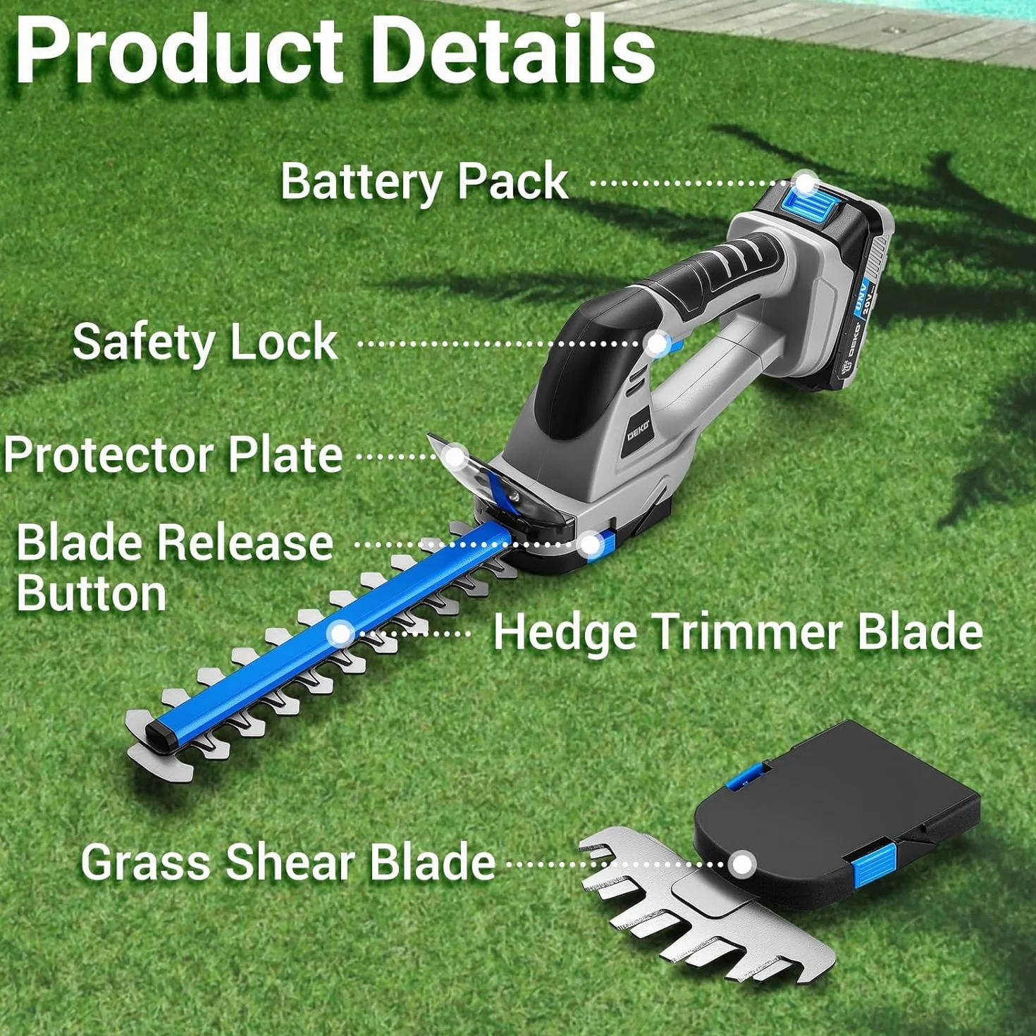 Cortasetos Bateria 20V: DEKOPRO Cortasetos Electrico 2 en 1 con Batería de 2000mAh y Cargador, Herramientas de Jardín, Tijeras de Poda, Tijeras de Césped