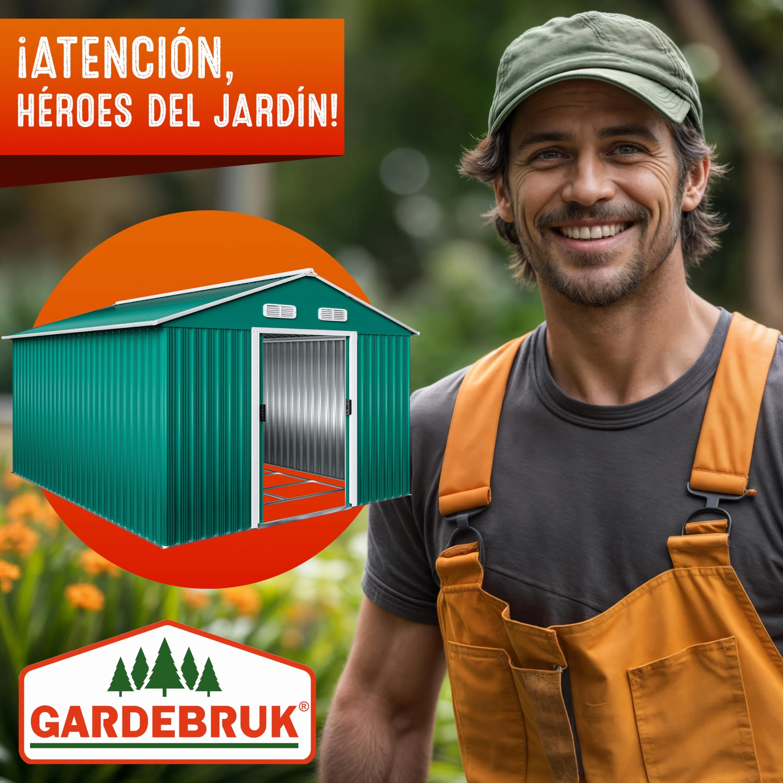GARDEBRUK® Cobertizo de Jardín 8 m² 312x257x178 cm Caseta Metálica Exterior 15m³ con Base Puerta Corrediza Verde