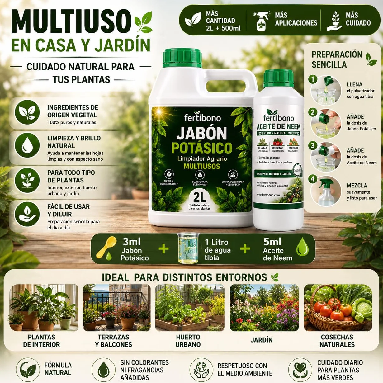 FERTIBONO FLORANIM Multiuso - Jabón Potásico 2L + Aceite de Neem 500 ml para Plantas, Huerto y Jardín - Pack Concentrado para Diluir en Agua y Pulverizar