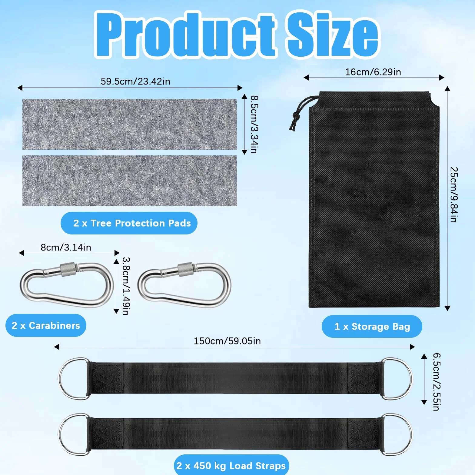 900 kg Correas Hamaca Kit Columpio, Fijación Suspensión 2 x 150 cm con Mosquetones, Anillos en D, Protectores de Árbol y Bolsa para Jardín, Camping, Uso Exterior