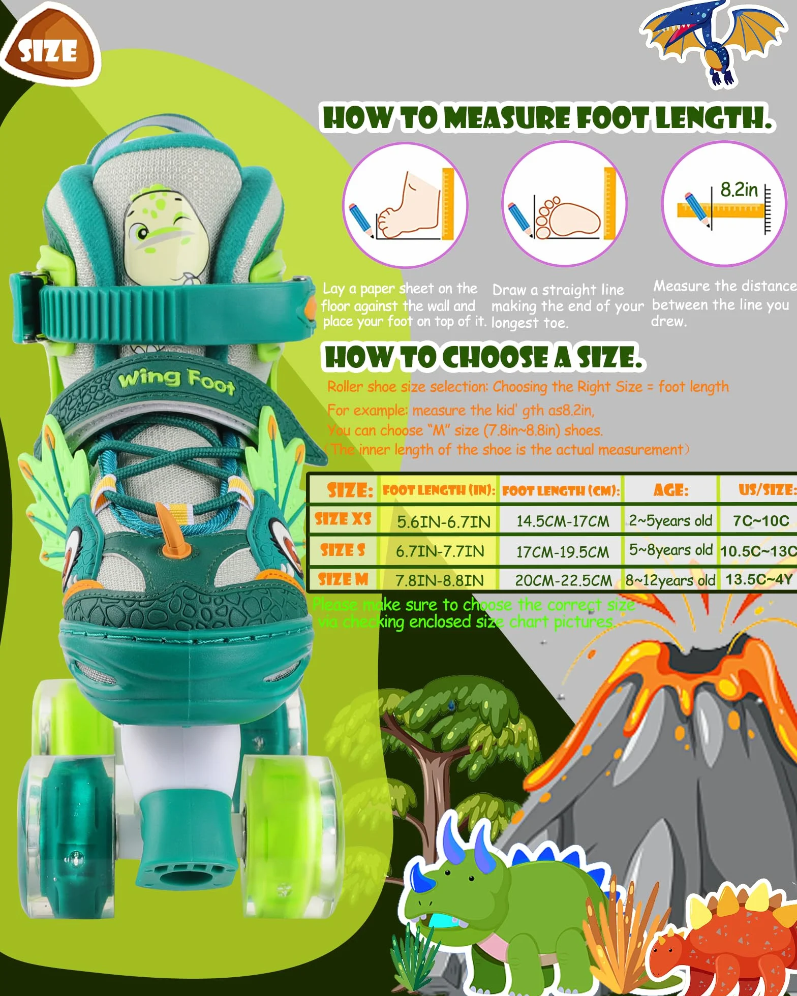 Patines para Niños Ajustables 4 Ruedas con Ruedas Luminosas Dinosaurio Quad Principiantes