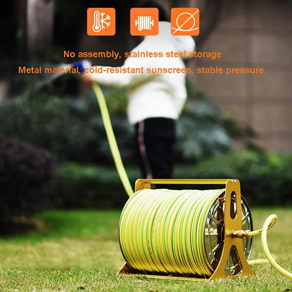 Carro portamangueras - Carrete de Manguera de Acero Inoxidable de Alta Resistencia para Uso en Exteriores, Estante portátil para Almacenamiento de mangueras de jardín con Acabado Dorado.